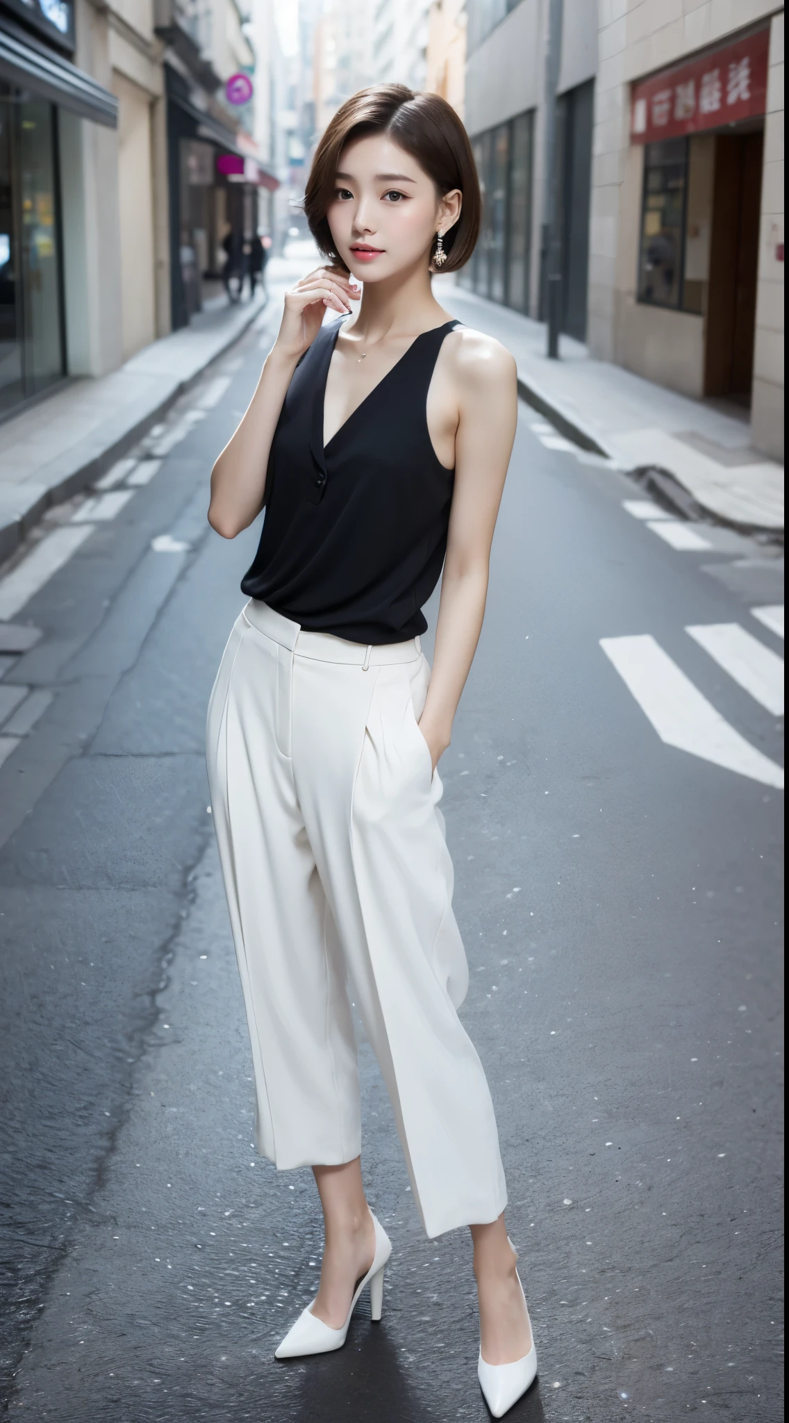 Ultra-clear resolution,Wonderful young girl,short hair,earrings,clear eyes,Without makeup,lip gloss,perfect face,Perfect chest,Slender,Black loose trousers,pointed toe high heels,empty streets