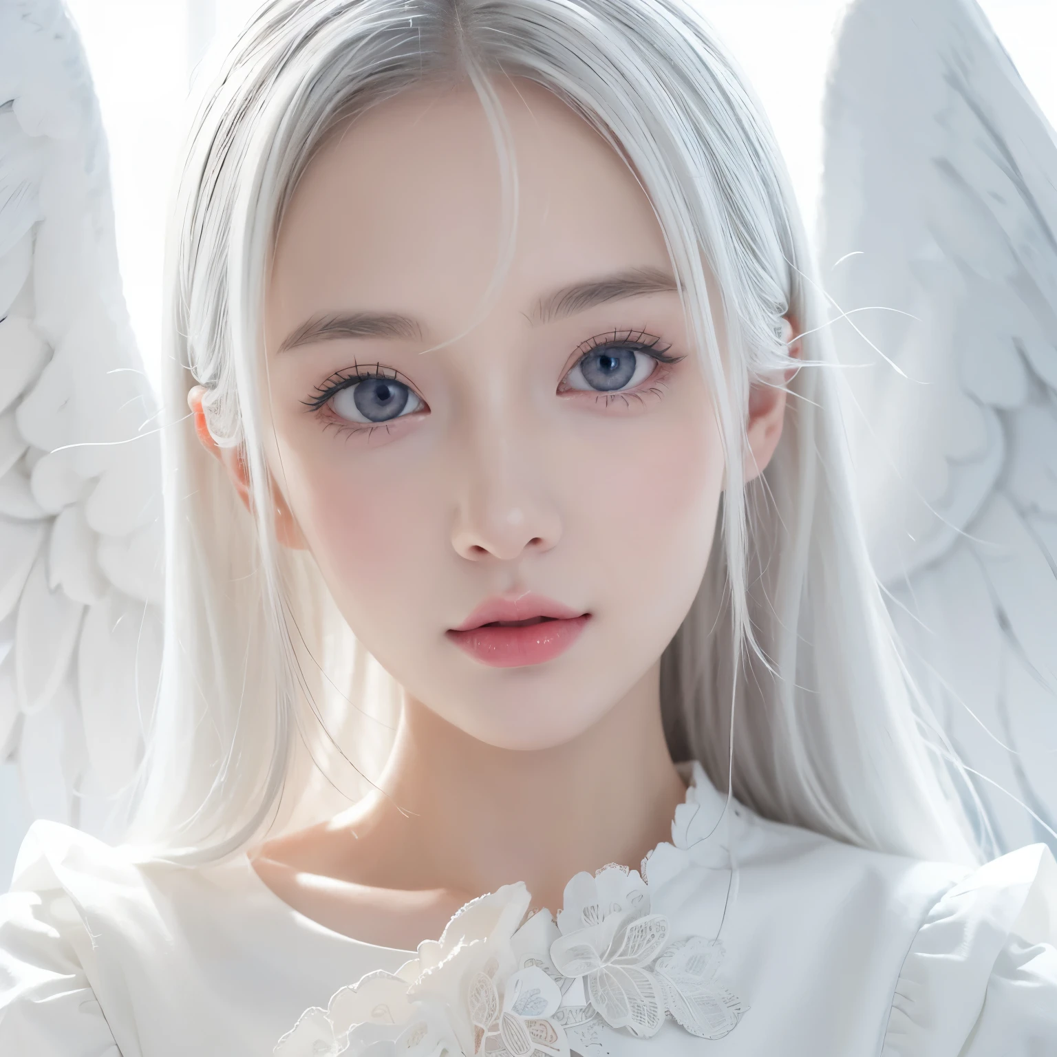 8K, Raw photo, Photorealistic, (Detailed skin, Best Quality:1.2), (Angel wings), ((White camisole dress)), (((Small chest:1.4))), (silver long hair:1.3, bangs), Teenage girl flying high in the sky, (:1.1, pale skin), thighs, translucent white cloth is wrapped around the body, Blue sky, Full body shot, (low  angle shot:1.2), natural lighting