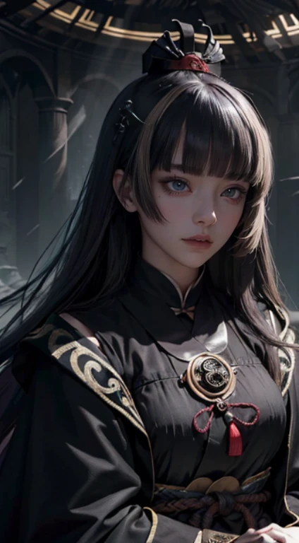official art, unity 8k wallpaper, Super detailed, beautiful, beautiful, masterpiece, highest quality,
darkness, atmosphere, mystery, romanticism, Spooky, literature, art, fashion, Victorian, decoration, complexity, ironwork, race, contemplation, depth of emotion, supernatural,(((Dark magical energy surrounds her))),Magical Surrounds,(((Dark light surrounds her:1.5))),
1 female,((Confucian Ufutei Raden)),arrogant,poker face,shining body、alone, head,bust portrait