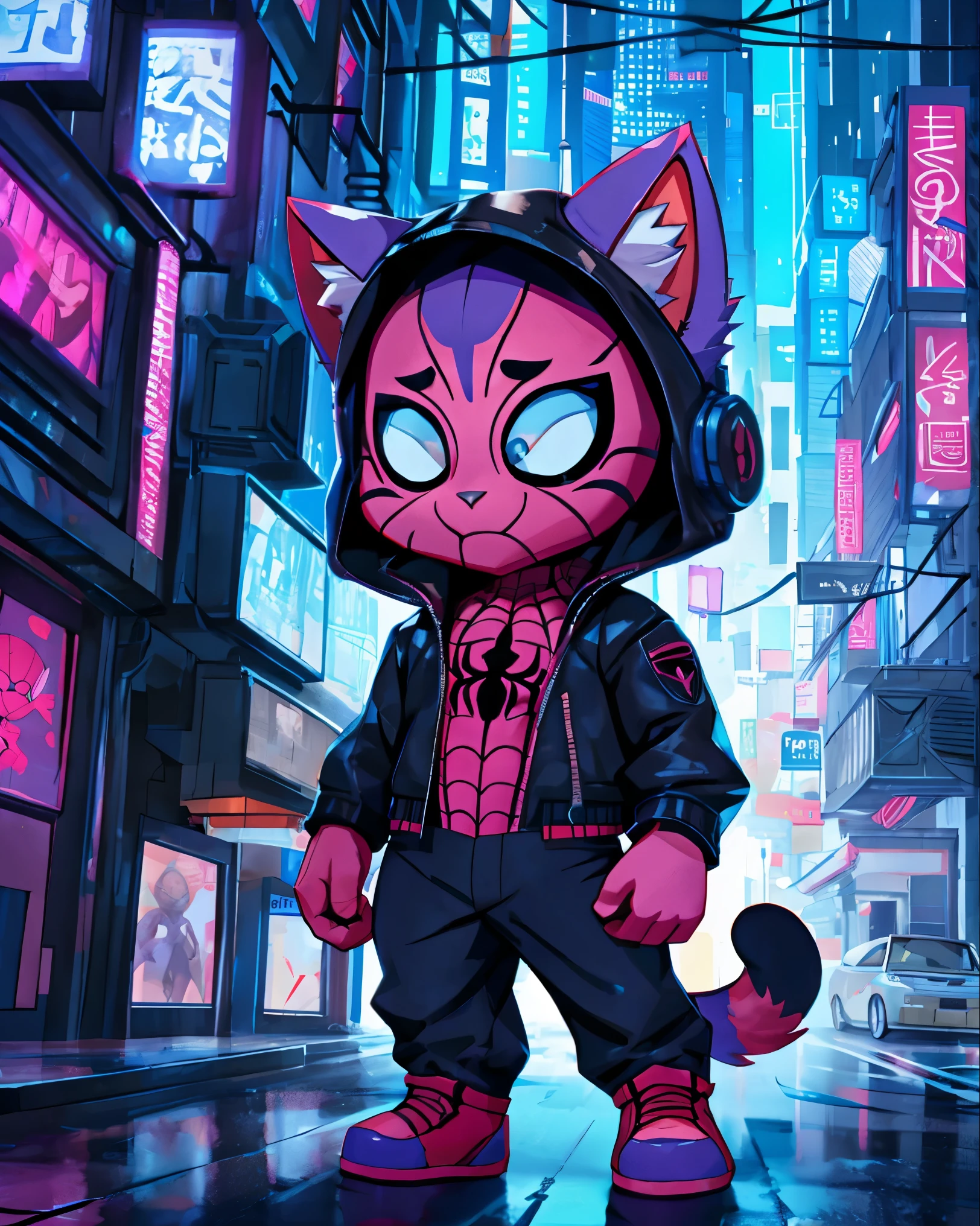 Cat wearing spiderman suit, chibi, standing, background cyberpunk neon city with light purple and blue, stunning style