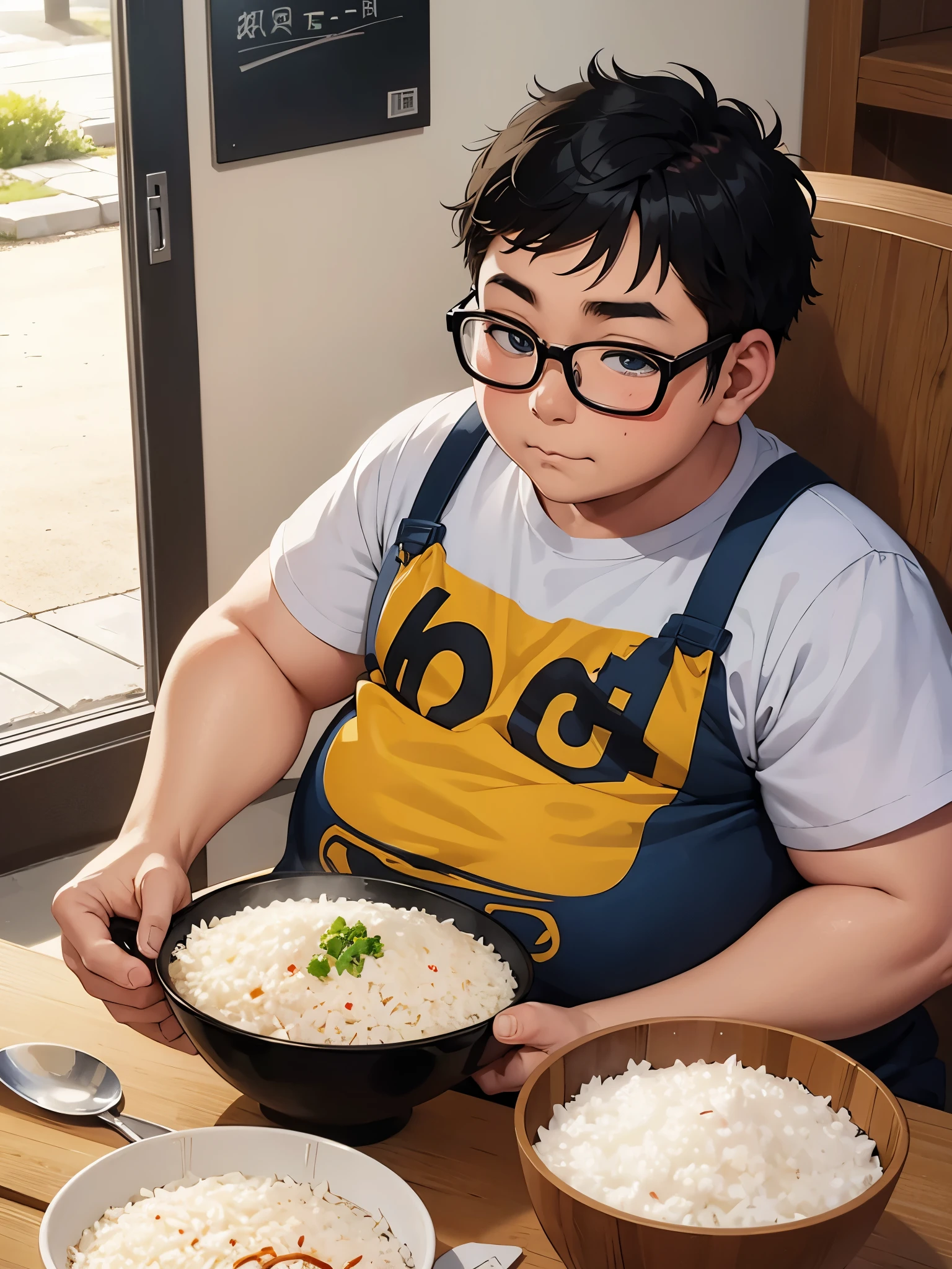 anime illustration、comics、Obese boy wearing glasses eating rice in a bowl