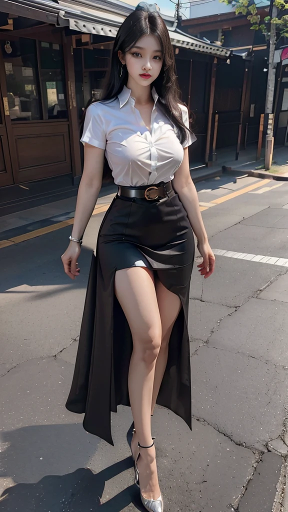 highest resolution, 8K, high definition, นักศึกษาthailand, woman, half-caste, thailand, Japan, Korea, Height 173 centimeters, ((stand)), (Beautiful face, แต่งBeautiful face, Double eyelids, red lips), (black hair, long hair long hairมาก, long hairตรง, long hair, flowing smoothly), (womanที่สวยงาม, The texture is realistic.), (white short sleeve shirt thin shirt, collar shirt), (Collared shirt with silver metal buttons.), (Huge breasts, Breast augmentation, เต้าBig tits, Big tits), (short black pencil skirt, Very short, Side incision, กระโปรงพร้อมbeltwoman, tight), (Symmetrical shape, sexy figure, small waist, Long legs, Beautiful thighs), (Pitch black high heels, earring, Put on a watch, metal chest brooch, belt), full body photo, Look at every part of the body., university backdrop,