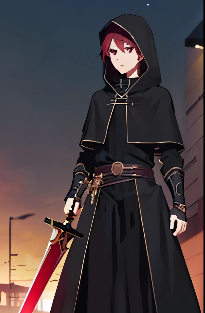 Hood, black clothes, whole body, magic circle, lots of swords