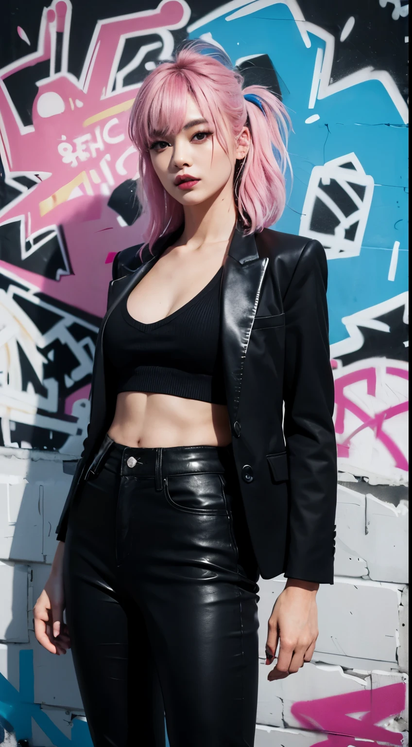 Realistic skin, best quality, Clarity, 4k, 8k, detail, actual, tattoed Girl, Korean makeup, black lips, pink and blue medium mullet hair, Perfect six pack body, stand, pose standing, medium chest, dark blazer top, black legging Pants, Solid graffiti wall background, Graffiti art,