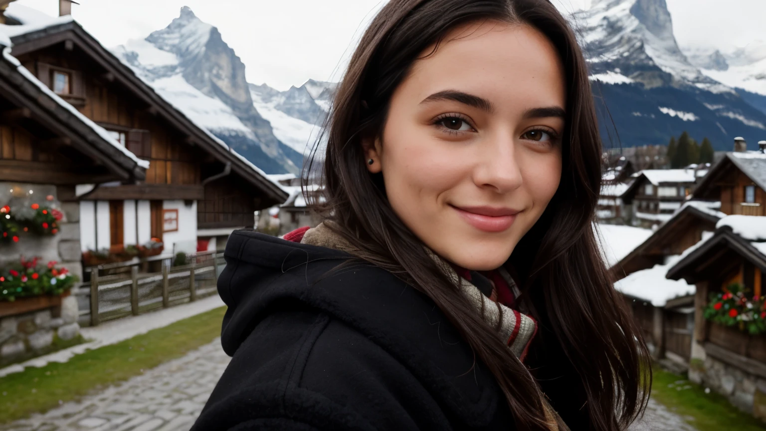 Instagram pictures, French Girl, Shoulder length hair, black hair, Close-up photo, coat, The background is the village of Grindelwald..., Switzerland, smile a little,