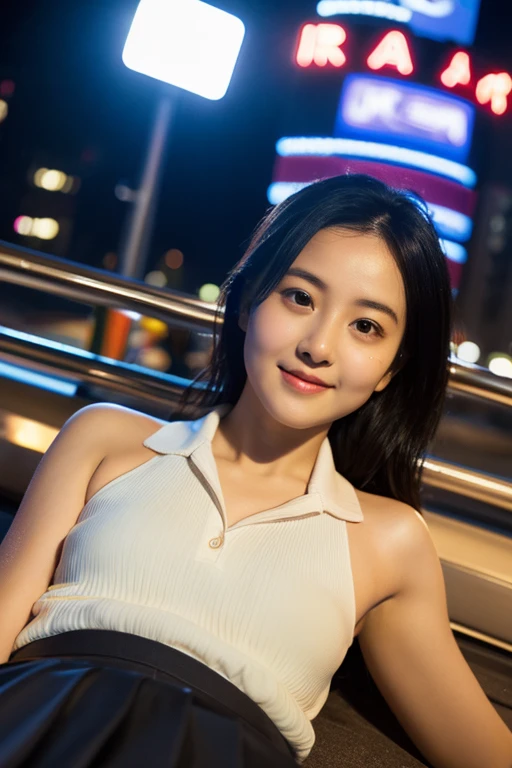 (RAW photo, 最high quality), (realistic, photorealistic: 1.2), (round face: 1), 1 girl, selfie outdoors, (high detail skin: 1.2), (puffy eyes), (Silkworm lying down), smile, clavicle, air van, Straight brownish black hair, Pure black pleated skirt, soft lighting, high quality, cityscape, skyline, night, rain, Wet, professional lighting, photon mapping, radio city, Physically based rendering,