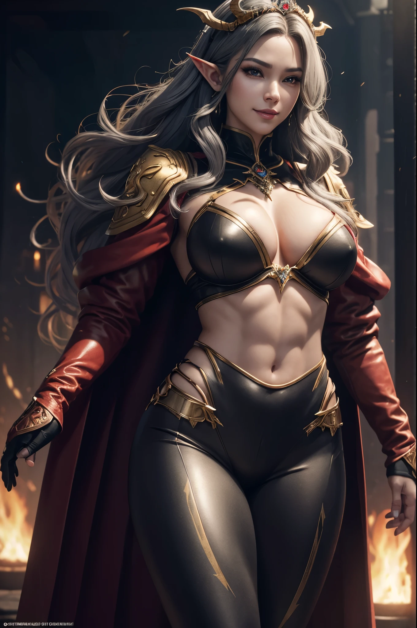 8K,Close-up of a queen with very ????????????? in a red jacket(Super realisticな肌), Super beautiful(like the real thing),2. 5d cgi anime fantasy artwork, elf queen portrait, Highly detailed ArtGerm, types of bacteria ; 3Dunreal engine, dark elf princess, wallop loss draw, up to the model | types of bacteria, Alexandra Fomina Artstation, beautiful succubus　surreal　Precise details　unreal engine,big fangs from the mouth,ultra high resolution,Super realistic,luxurious black and gold pants,????な衣装,Precise demon emblem work,Muscular and slim body macho,Muscular slim leg macho,gray hair perm hair,rich colors, Backlight, cinematic lighting, film grain, born, 50mm lens, Nikon D850,ultra high resolution,Super realistic,Makeup,????,smile,smileから大きな牙が見える,Violent and strongly cracked abdominal muscles,