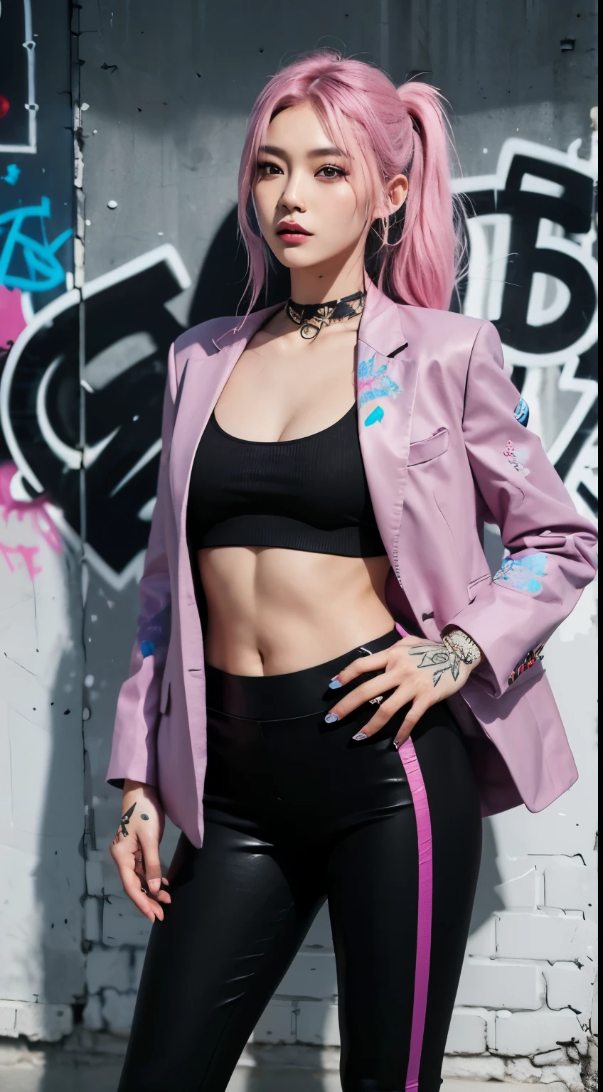 Realistic skin, best quality, Clarity, 4k, 8k, detail, actual, tattoed Girl, Korean makeup, black lips, pink and blue medium mullet hair, Perfect six pack body, stand, pose standing, medium chest, dark blazer top, black legging Pants, Solid graffiti wall background, Graffiti art,