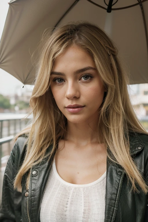 A 23-year-old blonde woman, ((pechos grandes)), ((hiperrealismo)) ,. blonde hair with light brown roots. cabello rubio, Hair with brown roots, cabello extra largo, cabello muy largo, Cabello muy largo, hermoso, vista frontal, autofoto, Foto tomada con iPhone, elegante, autofoto, alta calidad, autofoto iPhone, ojos verdes, labios carnosos, shy look, Doesn't look at the camera, no mira, jacket, umbrella, lluvia, frio, Rainy day