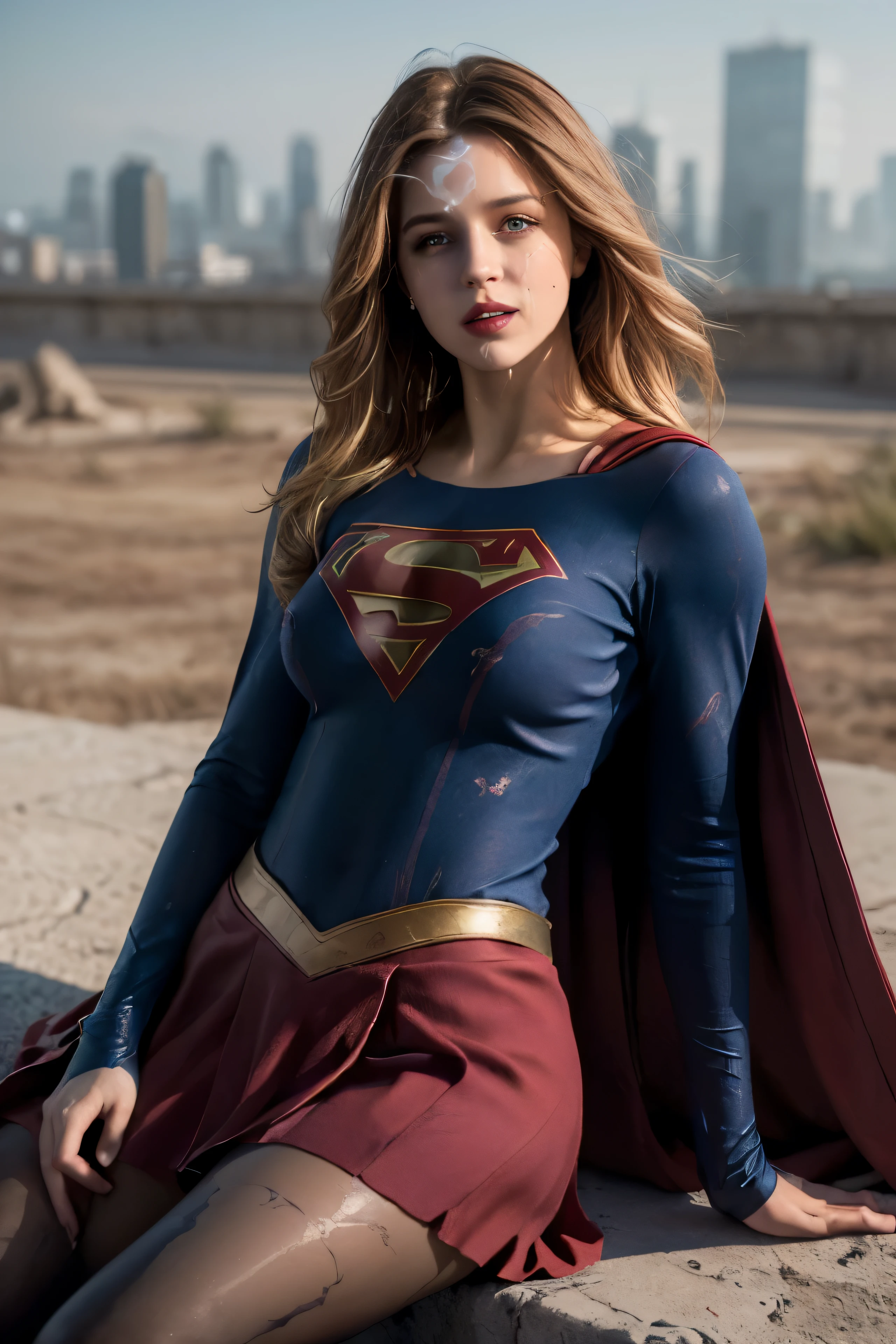8k, best quality, real picture, intricate details, ultra-detailed, ultra highres, depth field,(photorealistic,realistic:1.2), masterpiece,photo of 1girl, supergirl, superhero, arms on hips, realistic, red cape, bodysuit, red skirt, red boots, pantyhose, blue eyes, blonde hair, lips, long hair, solo, lying on back, defeated from fighting, painful wounded, ruined city background by lee jeffries, nikon d850, film stock, photograph 4 kodak portra 400 camera f1.6 lens, rich colors, hyper realistic, lifelike texture, dramatic lighting, unreal engine, trending on artstation, cinestill 800, ((whole body)), (semen on forehead:1.5), (semen on breast:1.7), (semen on skirt:1.8), (semen on thighs:1.7),
