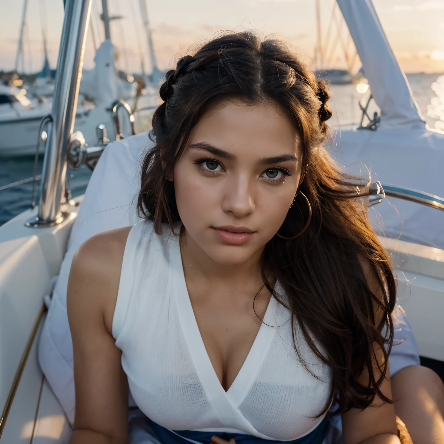 (brazilian,20 years old,Alessandra Lopez), blue eyes,dark long brown hair, full lips, seductive,portrait,realistic,highres,(vivid colors:1.1),(ultra-detailed:1.2),(studio lighting:1.1),(sharp focus:1.1), sexy, Nautical attire on a sailboat during sunset, warm and golden-hour lighting, with a romantic and dreamy expression. Hairstyle: Romantic updo with flowers.
