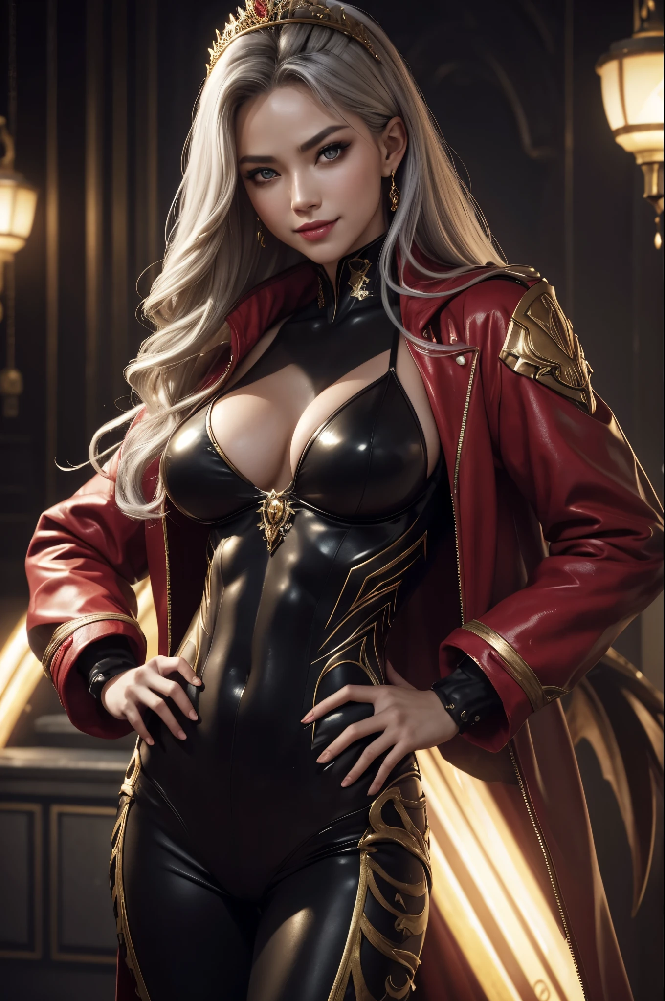 8K,Close-up of a queen with very large breasts in a red jacket(Super realisticな肌), Super beautiful(like the real thing),2. 5d CGI fantasy artwork,portrait of queen of the underworld, Highly detailed ArtGerm, types of bacteria ; 3Dunreal engine, devil empress, wallop loss draw, up to the model | types of bacteria, Alexandra Fomina Artstation, beautiful succubus surreal Precise details unreal engine,big fangs from the mouth,ultra high resolution,Super realistic,luxurious black and gold pants,sexyな衣装,Precise demon emblem work,Muscular and slim body macho,Muscular slim leg macho,gray hair perm hair,rich colors, Backlight, cinematic lighting, film grain, born, 50mm lens, Nikon D850,ultra high resolution,Super realistic,Makeup,sexy,smile,smileから大きな牙が見える,Violent and strongly cracked abdominal muscles,golden eyes,Big eyes,