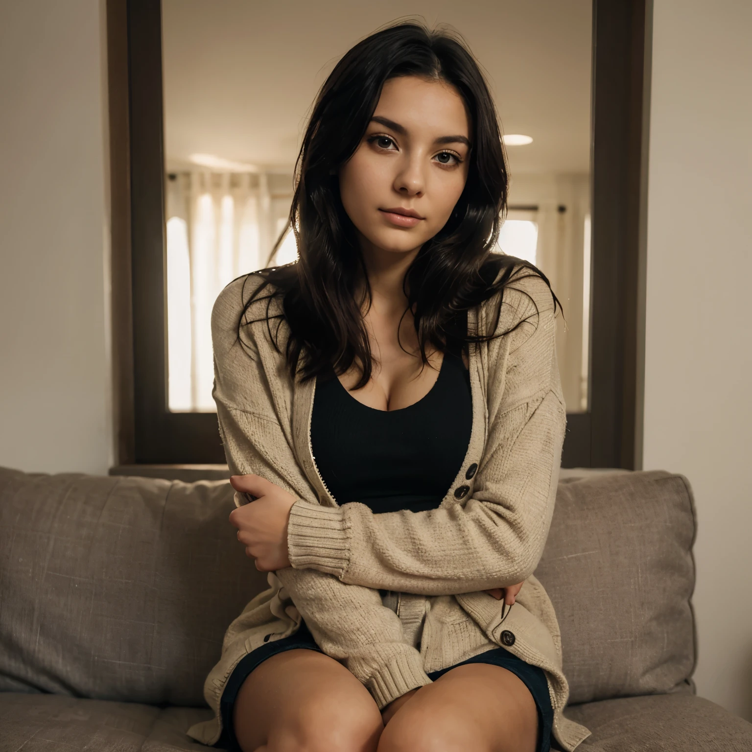 A woman with green eyes and straight shiny black hair pulled into a messy bun, her skin is pale and soft with tattoos she has her septum and lower lip pierced along with medium sized gauges, she is wearing a purple sweater dress. she's laying belly down on a couch reading.