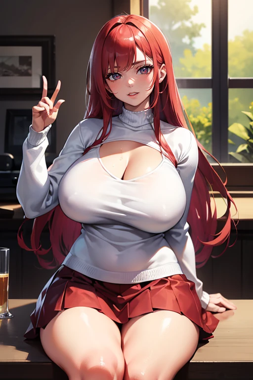 (masterpiece), best quality, Detailed, Ultra-Detailed, Digital Art, Detailed Face, HD, (Hyper-Detailed Eyes:1.2), (Absurdres:1.3), (Realism:1.25), (Realisitc:1.2); [expressive eyes, /(Dandere face)/, perfect face, gyaru, massive breasts, very curvy, red hair, brown eyes, full lips, warm smiling], at home; /((clothes details))/, ((white) sweater: 1.3), (casual red skirt: 1.2), cleavage, at home, massive breasts, wide hips, /(shiny skin)/, 1 female, sitting down, sexy, facing the viewer, //((Dandere: 1.4))//