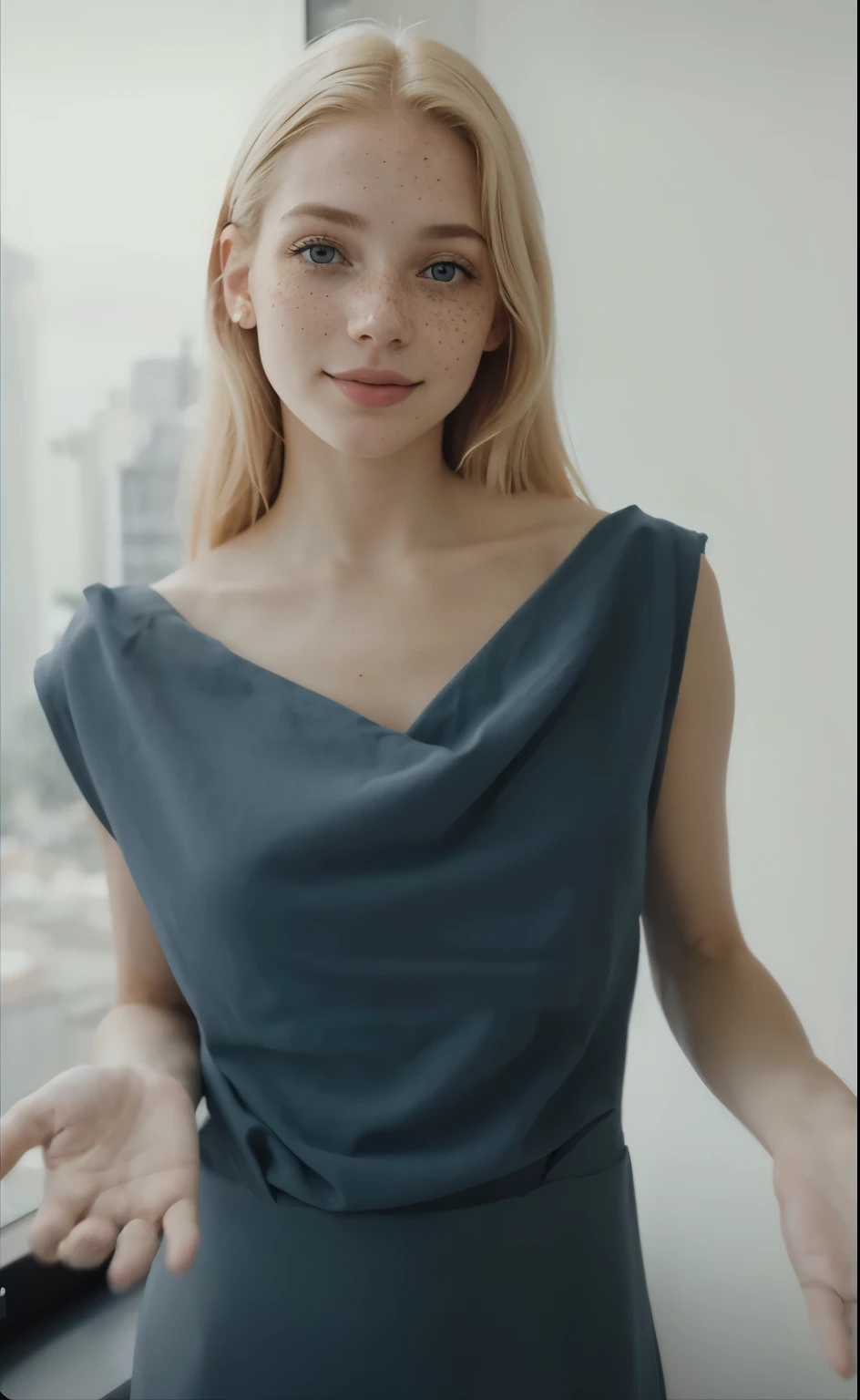 Rosto de uma mulher, americana, 25 anos, pale skin and freckles, olhos cinzas, nariz delicado, soft and delicate lips, cabelo blondie cinza longo e ondulados, sorriso meigo, olhar sedutor