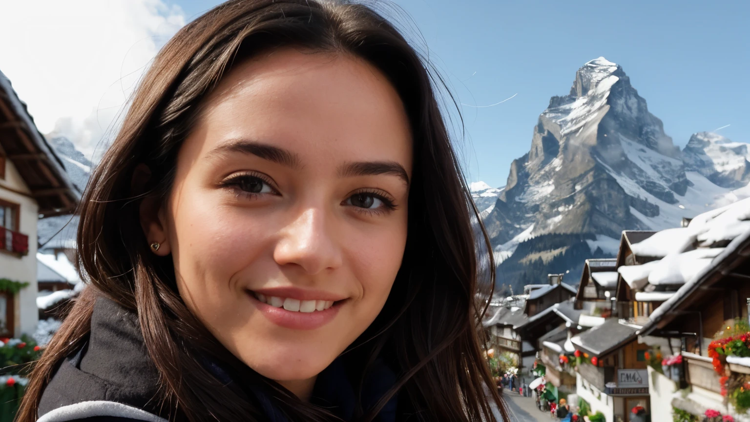 Instagram pictures, French Girl, Shoulder length hair, black hair, Close-up photo, coat, The background is the village of Grindelwald..., Switzerland, smile a little,