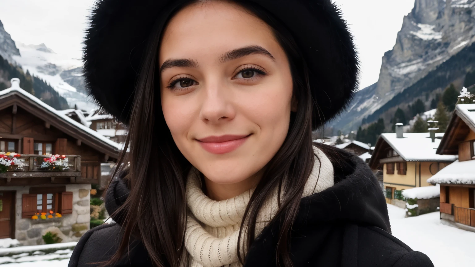 Instagram pictures, French Girl, Shoulder length hair, black hair, Close-up photo, coat, The background is the village of Grindelwald..., Switzerland, smile a little,