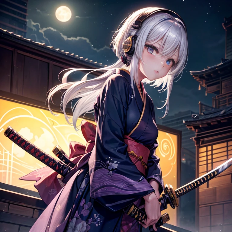 A single giant moon hangs over the neon-lit city of skyscrapers, (((Weapon, katana, holding katana))), shimmering and glowing. Amidst the hustle and bustle of the city, an animated girl in a colorful kimono with intricate patterns (she is pensive with a katana at the edge of a rooftop). short wavy hair and headphones. She is listening to her favorite music as thunder rumbles in the distance. Cinematic city lights illuminate her face, highlighting her expressive eyes and the delicate details of her kimono. The Maid of Honor's short, slender platinum hair sways in the wind.