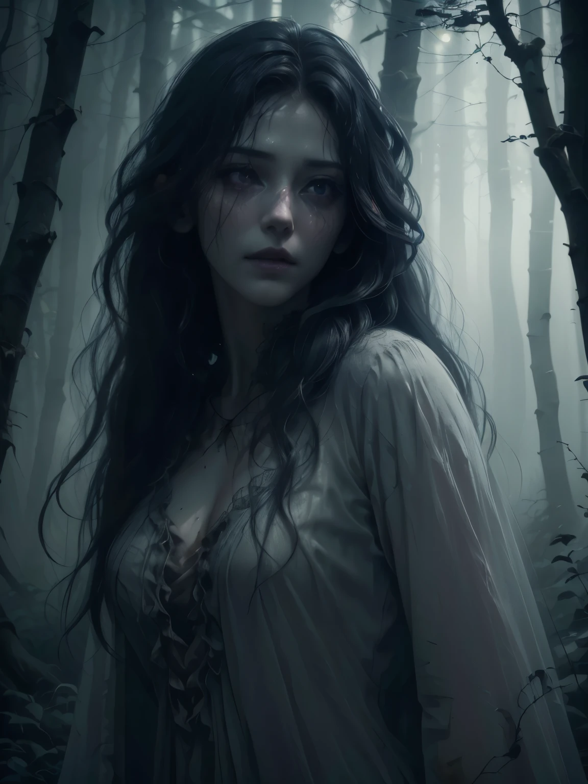 a sad creepy girl in dark woodland,victorian, concept art, detailed face, fantasy, close up face, highly detailed, cinematic lighting, digital art painting by greg rutkowski