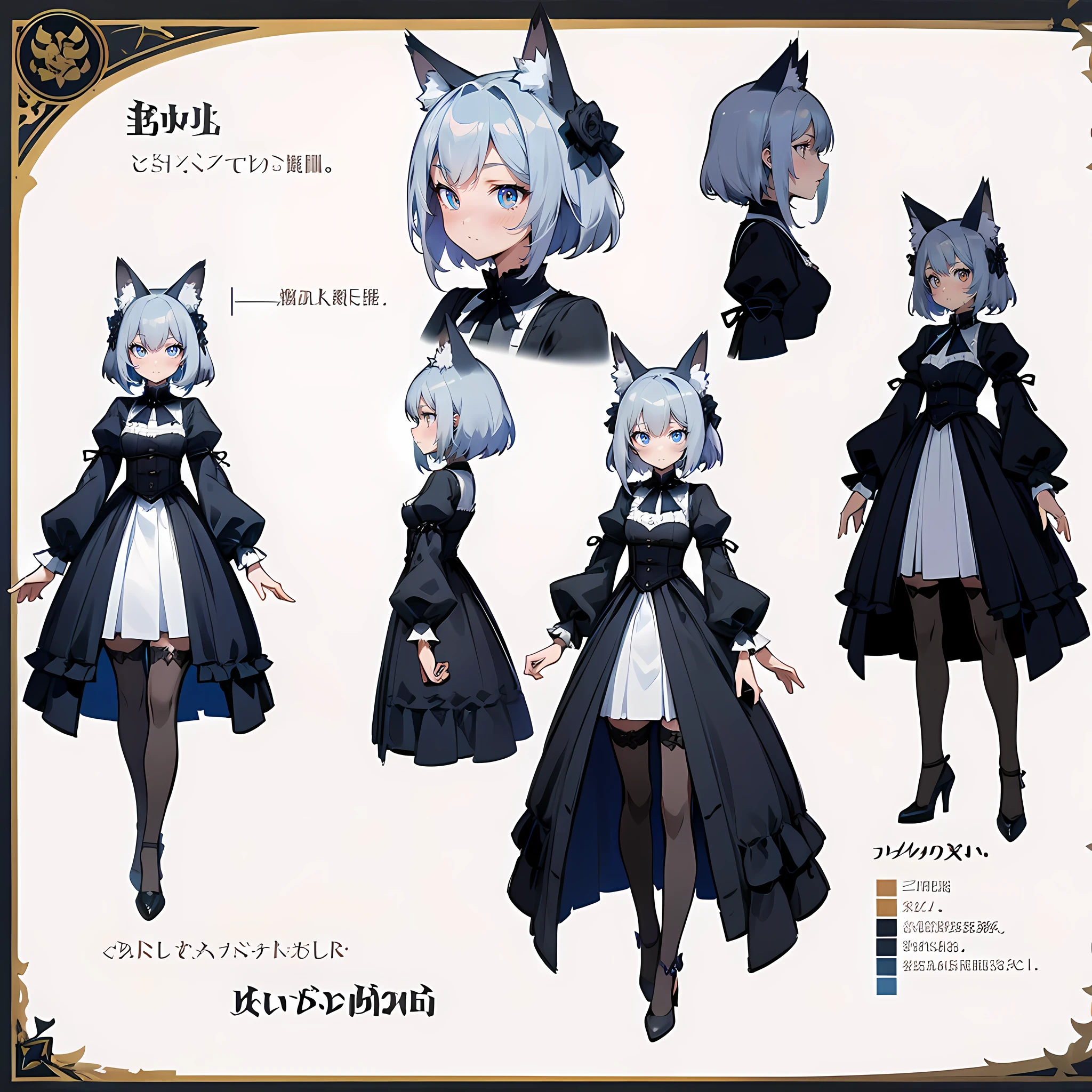 ((masterpiece, Highest quality)), ((tsurime)),Detailed face, Character Sheet, Full Body Lesbian, One girl,show,Full of details, Various poses and expressions, Very detailed, depth, A graceful wild fox girl with mostly silver hair, Sparkling eyes, Delicate skin, 青い髪のYouTuberCharacter Sheet, whole body, sexy