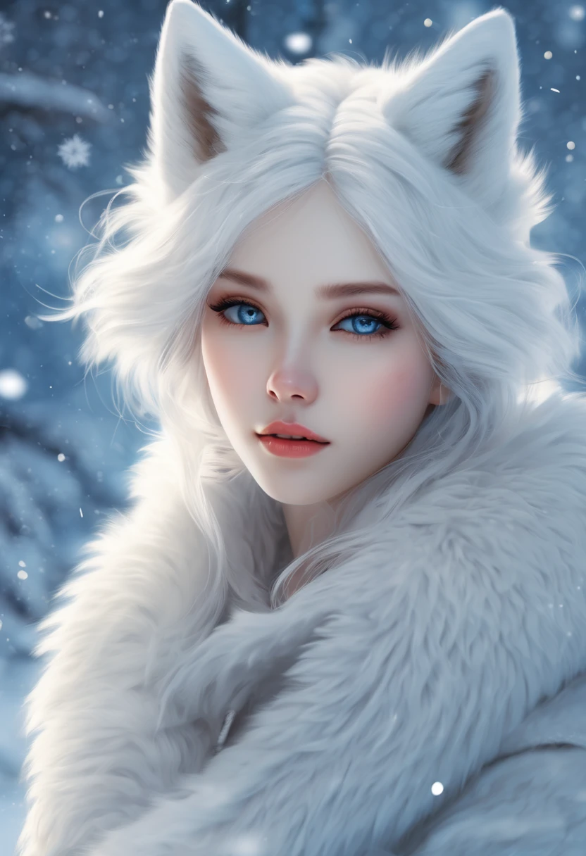 Polar White Fox Girl:anime style,Beautiful and delicate eyes and lips,Black and white long hair,fluffy fur,stunningly realistic,shining blue eyes,Light blue and white color palette,soft and warm lighting,Reminiscent of a winter atmosphere,Ethereal calm,Cool winter breeze,Delicate snowflakes dance around her,Seductive and attractive look,Playful and mischievous smile,Lively and expressive poses,Vivid and realistic fur texture,Scenic snow background,Subtle tips for the Northern Lights,Enchanting and magical atmosphere,Super detailed rendering,High resolution masterpiece,Adorable and captivating characters,Expressive and soulful eyes,Ethereal calm presence.