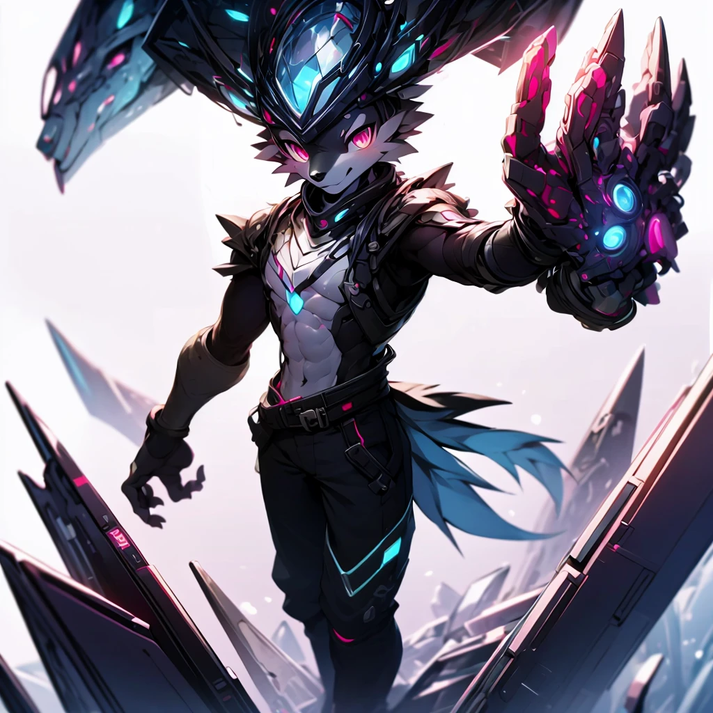 Furry Bernese mountain dog, forelimb, Legs, Standing Shota boy, Overall whitehead, Arms, Body and legs,Blue-black pattern all over,pink flesh pads, eyes and pupils blue, Furry, No clothing, Two ears,Mechanical nanoskin