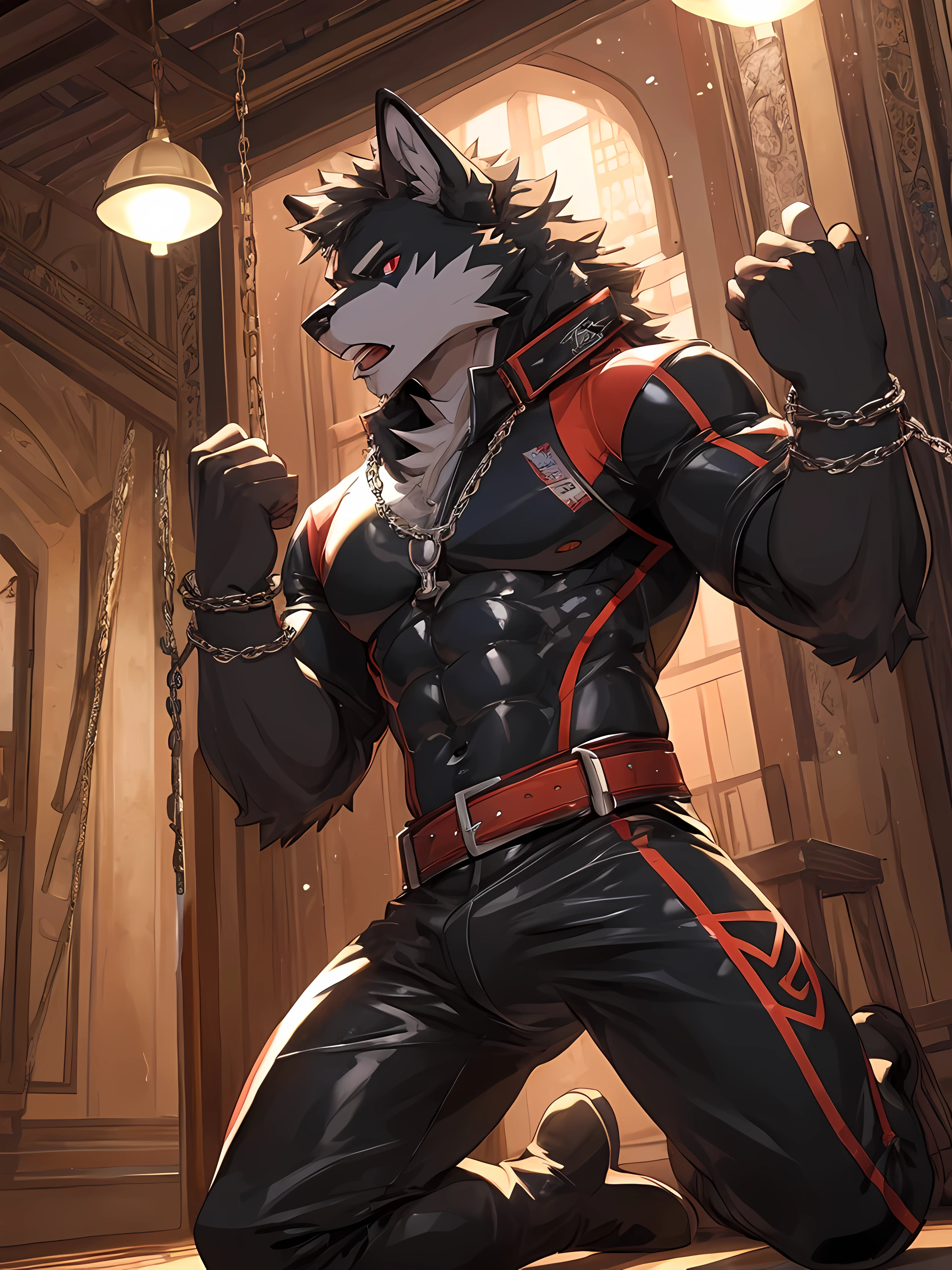 Furry,black fur wolf,Red stripe,Male,red eyes,(Eye details with real hair),Wear a rubber catsuit.,Kneel down.,His hand grips the crotch of his pants.,His left hand held his lips and licked his fingers.,Look up,There are saliva stains flowing from the mouth.,in a square room,There were sweat stains all over the body.,(There were handcuff chains decorated on the walls of the room.)