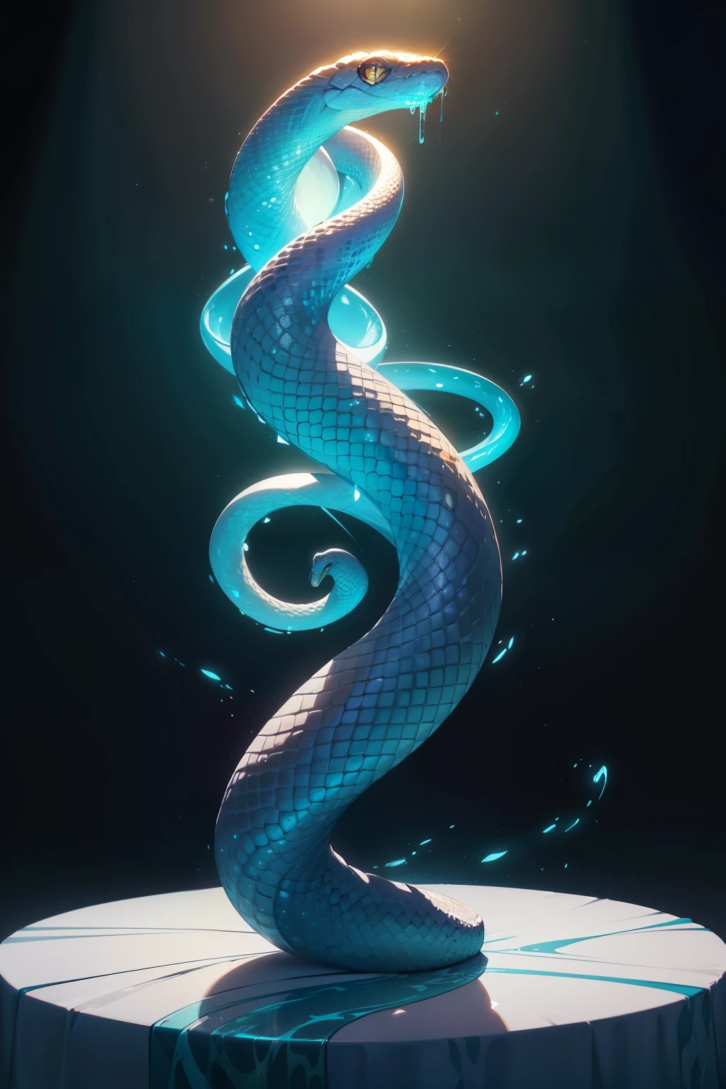Intricately coiled and enchantingly alive, a mesmerizing snake sculpture captures the essence of serene beauty. S2, the snake's sheen is accentuated under soft ambient lighting, casting elongated, dancing shadows on the table, enhancing its hyper-realistic, 4k UHD details. Bold and vibrant colors pulse through its scales, while its eyes gleam with an epic composition and sharp focus, reflecting the intense allure of this living work of art. Beneath its head, a trail of white, luminescent liquid traces the snake's sinuous movements, adding an otherworldly allure to its already advanced digital render. The scent of a