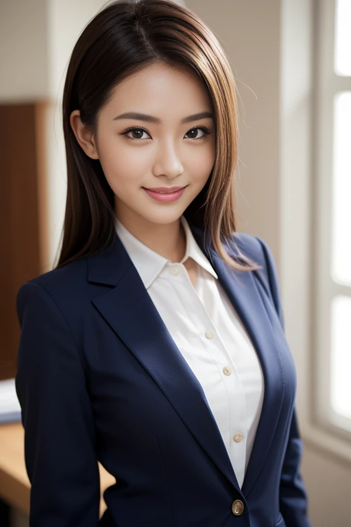 (( model pose in office:1.2)), (beautiful photorealistic woman:1.15), (facing viewer:1.1), (she is a photorealistic beautiful lawyer:1.15), (perfectly healthy and muscular body, medium :1.2), ((she is wearing a navy pantsuit over an elegant and classy pure white blouse:1.3)), (small size suie:1.1, body lines clearly shown,), (8K wallpaper:1. 1), top quality, super fine, detailed, high resolution, perfect dynamic composition, beautiful detailed eyes, middle of chest, natural color lips, random sexye, smiling, 28 year old beautiful woman, ultra realistic capture, highly detailed, high resolution 16K closeup of human skin. Skin texture must be natural. Skin should be healthy and even in tone. Must use natural light and color to capture a bewitchingly beautiful 28yo Japanese actress.