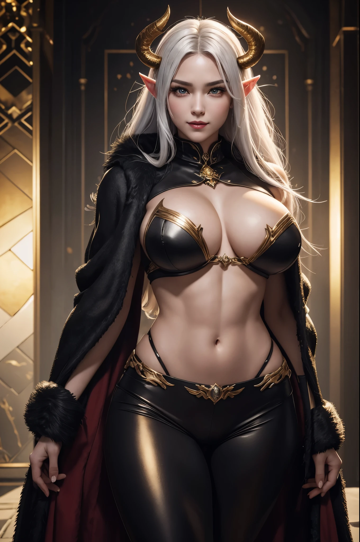 8K,White hair with big fangs,Close-up of a queen with very large breasts in a red jacket(Super realisticな肌), Super beautiful(like the real thing),elf ears,2. 5d CGI fantasy artwork,portrait of queen of the underworld, Highly detailed ArtGerm, types of bacteria ; 3Dunreal engine, devil empress, wallop loss draw, up to the model | types of bacteria, Alexandra Fomina Artstation, beautiful succubus　surreal　Precise details　unreal engine,big fangs from the mouth,ultra high resolution,Super realistic,luxurious black and gold pants,sexyな衣装,Precise demon emblem work,Muscular and slim body macho,Muscular slim leg macho,gray hair perm hair,rich colors, Backlight, cinematic lighting, film grain, born, 50mm lens, Nikon D850,ultra high resolution,Super realistic,Makeup,sexy,smile,smileから大きな牙が見える,Violent and strongly cracked abdominal muscles,golden eyes,Big eyes,very big breasts,whole body muscular,