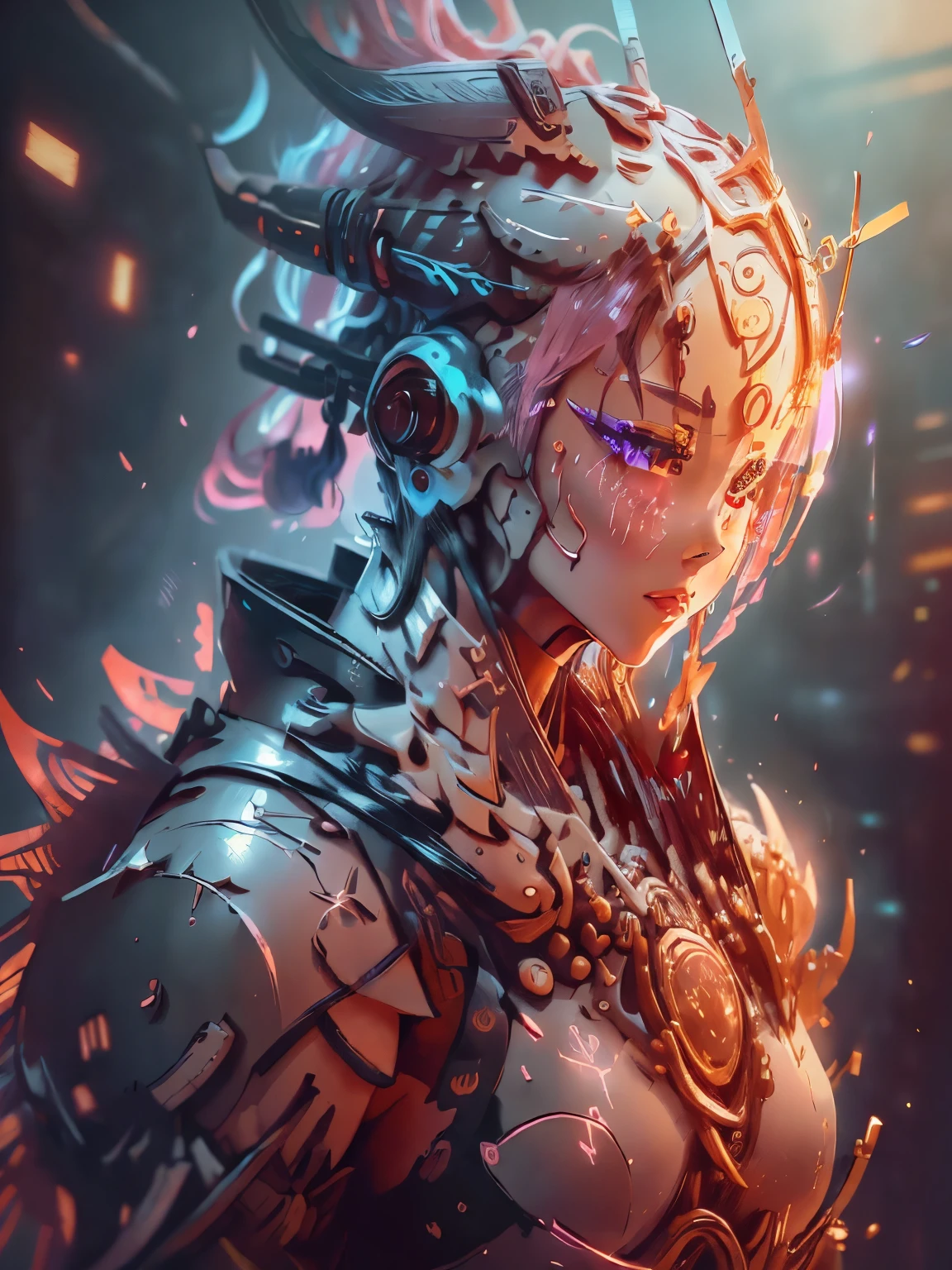(fusion of traditional Japanese kimono attire and futuristic robotic enhancements for a retro-futuristic female fashion model),illustration,vibrant colors,studio lighting,ultra-detailed,bokeh,sharp focus,physically-based rendering,highres,portraits,anime,eyes,nose,lips,detailed beauty,jointed robotic arms and legs,exquisite craftsmanship,gold embroidery,metallic exoskeleton,pastel color palette,digital holographic accessories,flowing silk fabric,blossoming cherry blossoms,geometric patterns,neon lights,strong pose,confident expression,samurai-inspired hairstyle,asymmetrical design,sculptural headpiece,subtle gradient background.