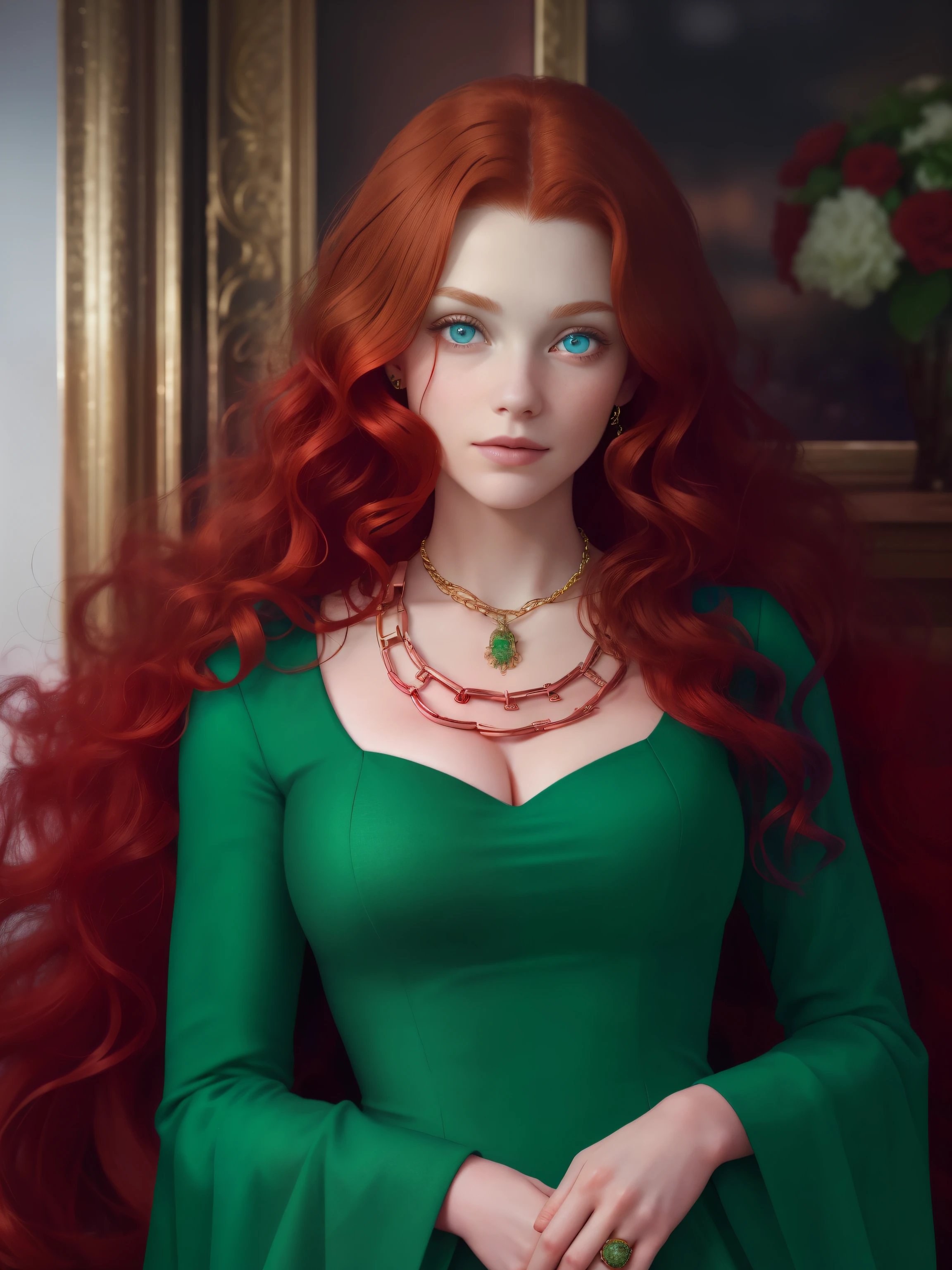 girl with copper-red hair, (20 years), large curls, Blue eyes, in a green dress, looks directly at the viewer, Around the neck is a gold chain, Beautiful face, portrait, masterpiece, Highest quality. As realistic as possible, 