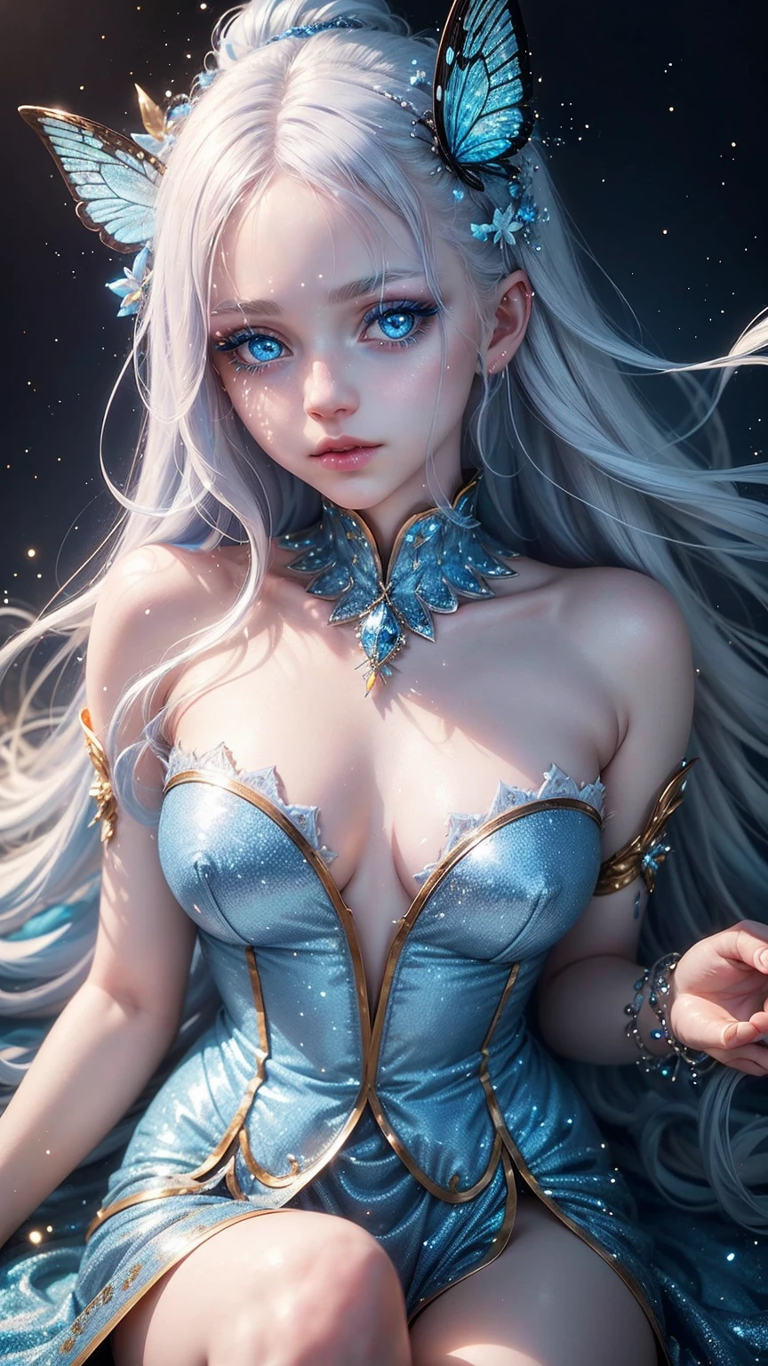 A blue and yellow colour eyes 1:1, sparkling eyes, eye makeup, long eyelashes, blue hair, hair floting in air,  nose, puffy lips, glitter effect, pale white skin, closeup portrait of face, sparkling small butterfly, Colorfull image, raw quality, extremely detailed eyes, sharp image, high resolution, masterpiece quality, 
