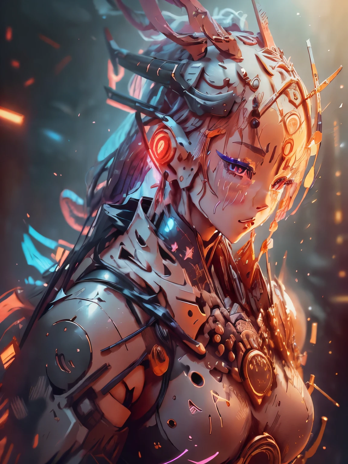 (fusion of traditional Japanese kimono attire and futuristic robotic enhancements for a retro-futuristic female fashion model),illustration,vibrant colors,studio lighting,ultra-detailed,bokeh,sharp focus,physically-based rendering,highres,portraits,anime,eyes,nose,lips,detailed beauty,jointed robotic arms and legs,exquisite craftsmanship,gold embroidery,metallic exoskeleton,pastel color palette,digital holographic accessories,flowing silk fabric,blossoming cherry blossoms,geometric patterns,neon lights,strong pose,confident expression,samurai-inspired hairstyle,asymmetrical design,sculptural headpiece,subtle gradient background.