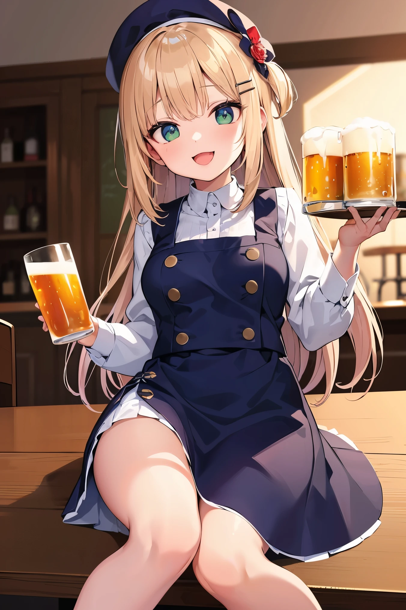 ((masterpiece, best quality, absurdres, highres, ultra detailed, high resolution, very fine 8KCG wallpapers)), 1 girl, solo, long hair, blonde hair, green eyes, swept bangs, hair ornament, smile, :D, large breasts, half apron, hairpin, white shirt, green skirt, brown shoes, beer hall waitress, beer hall, nice hands, perfect hands,