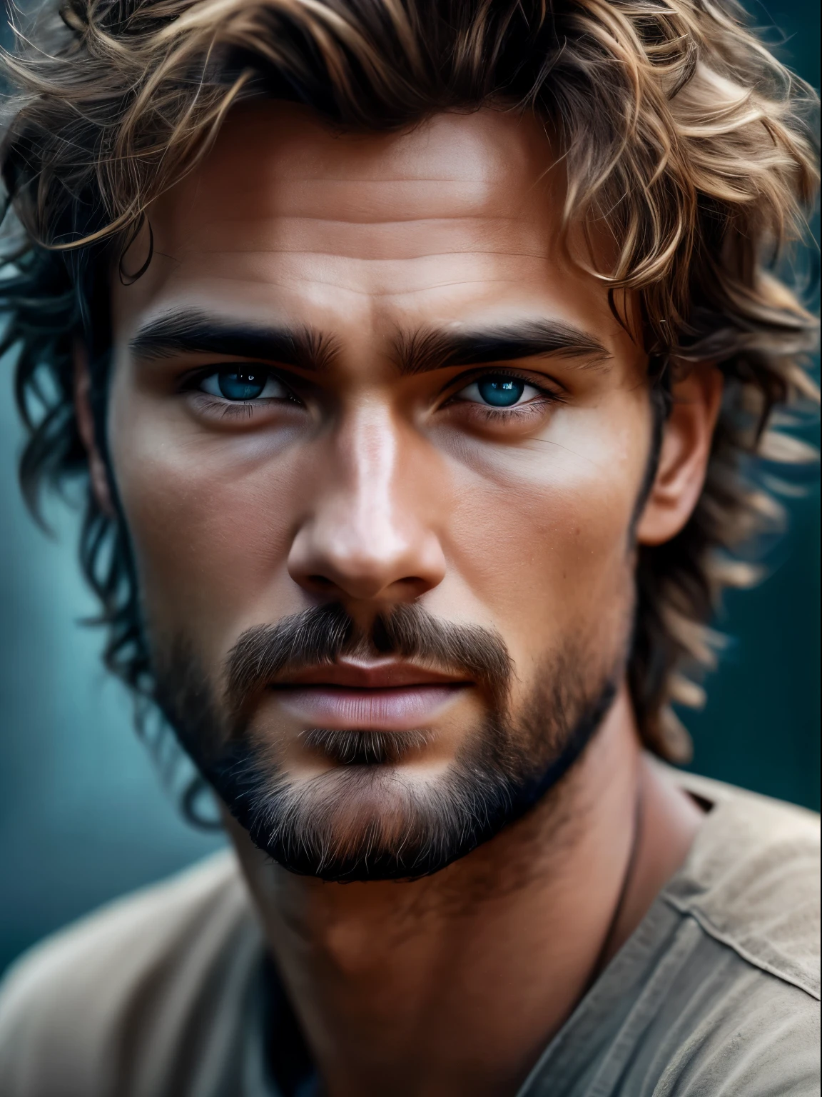 Realistic look of a crazy handsome man with light brown messy hair, Honey eyes, lumix s pro 50mm f style/1.4, Light beige and dark sky blue, Celebrity Image Mashup, Soft realism, Babiko, Unreal Engine 5, 32k Ultra HD, Luminous quality, Brazilian realism, rainbow 5