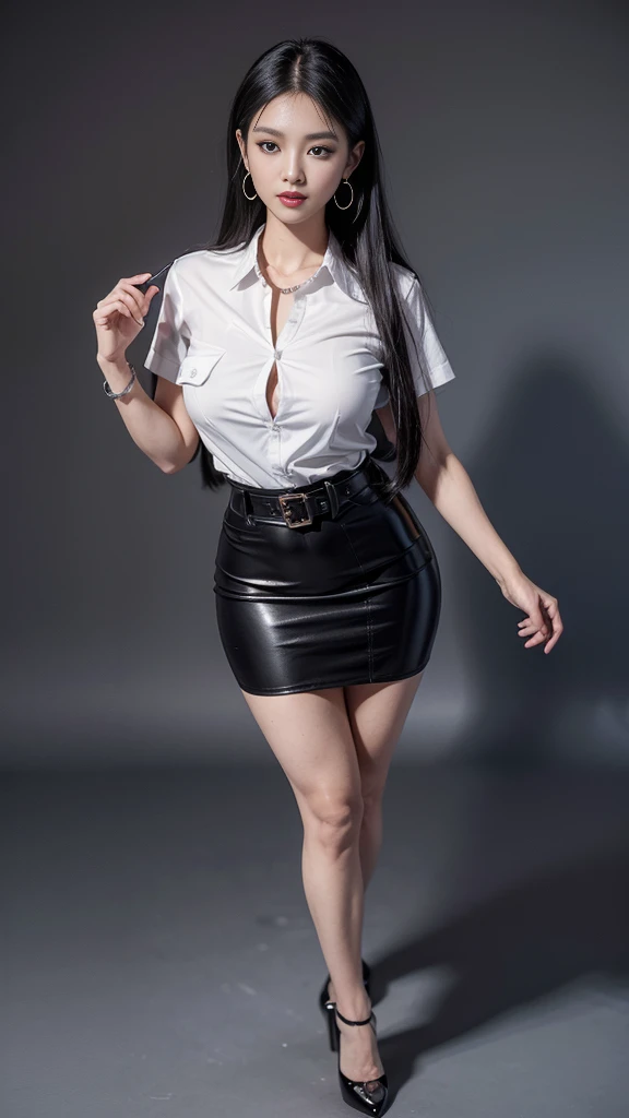 highest resolution, 8K, high definition, นักศึกษาthailand, woman, half-caste, thailand, Japan, Korea, Height 173 centimeters, ((stand)), (Beautiful face, แต่งBeautiful face, Double eyelids, red lips), (black hair, long hair long hairมาก, long hairตรง, long hair, flowing smoothly), (womanที่สวยงาม, The texture is realistic.), (white short sleeve shirt, collar shirt, thin, silver buttons), (Huge breasts, Breast augmentation, เต้าBig tits, Big tits), (short black pencil skirt, Very short, Side incision, กระโปรงพร้อมbeltwoman, tight), (Symmetrical shape, sexy figure, small waist, Long legs, Beautiful thighs), (Pitch black high heels, earring, Put on a watch, metal chest brooch, belt), full body photo, Look at every part of the body., university backdrop,