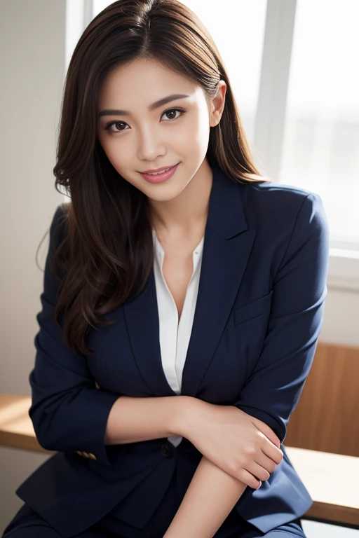 ((Sexy forward pose in office:1.2)), (beautiful photorealistic woman:1.15), (facing viewer:1.1), (she is a photorealistic beautiful lawyer:1.15), (perfectly healthy and muscular body, medium :1.2), ((she is wearing a navy pantsuit with pinstripes over an elegant and classy pure white blouse:1.3)), (small size suie:1.1, body lines clearly shown,), (8K wallpaper:1. 1), top quality, super fine, detailed, high resolution, perfect dynamic composition, beautiful detailed eyes, middle of chest, natural color lips, random sexy pose, smiling, 28 year old beautiful woman, ultra realistic capture, highly detailed, high resolution 16K closeup of human skin. Skin texture must be natural. Skin should be healthy and even in tone. Must use natural light and color to capture a bewitchingly beautiful 28yo Japanese actress, full body,
