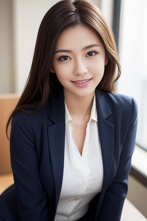 ((Sexy forward pose in office:1.2)), (beautiful photorealistic woman:1.15), (facing viewer:1.1), (she is a photorealistic beautiful lawyer:1.15), (perfectly healthy and muscular body, medium :1.2), ((she is wearing a navy pantsuit with pinstripes over an elegant and classy pure white blouse:1.3)), (small size suie:1.1, body lines clearly shown,), (8K wallpaper:1. 1), top quality, super fine, detailed, high resolution, perfect dynamic composition, beautiful detailed eyes, middle of chest, natural color lips, random sexy pose, smiling, 28 year old beautiful woman, ultra realistic capture, highly detailed, high resolution 16K closeup of human skin. Skin texture must be natural. Skin should be healthy and even in tone. Must use natural light and color to capture a bewitchingly beautiful 28yo Japanese actress, full body, 