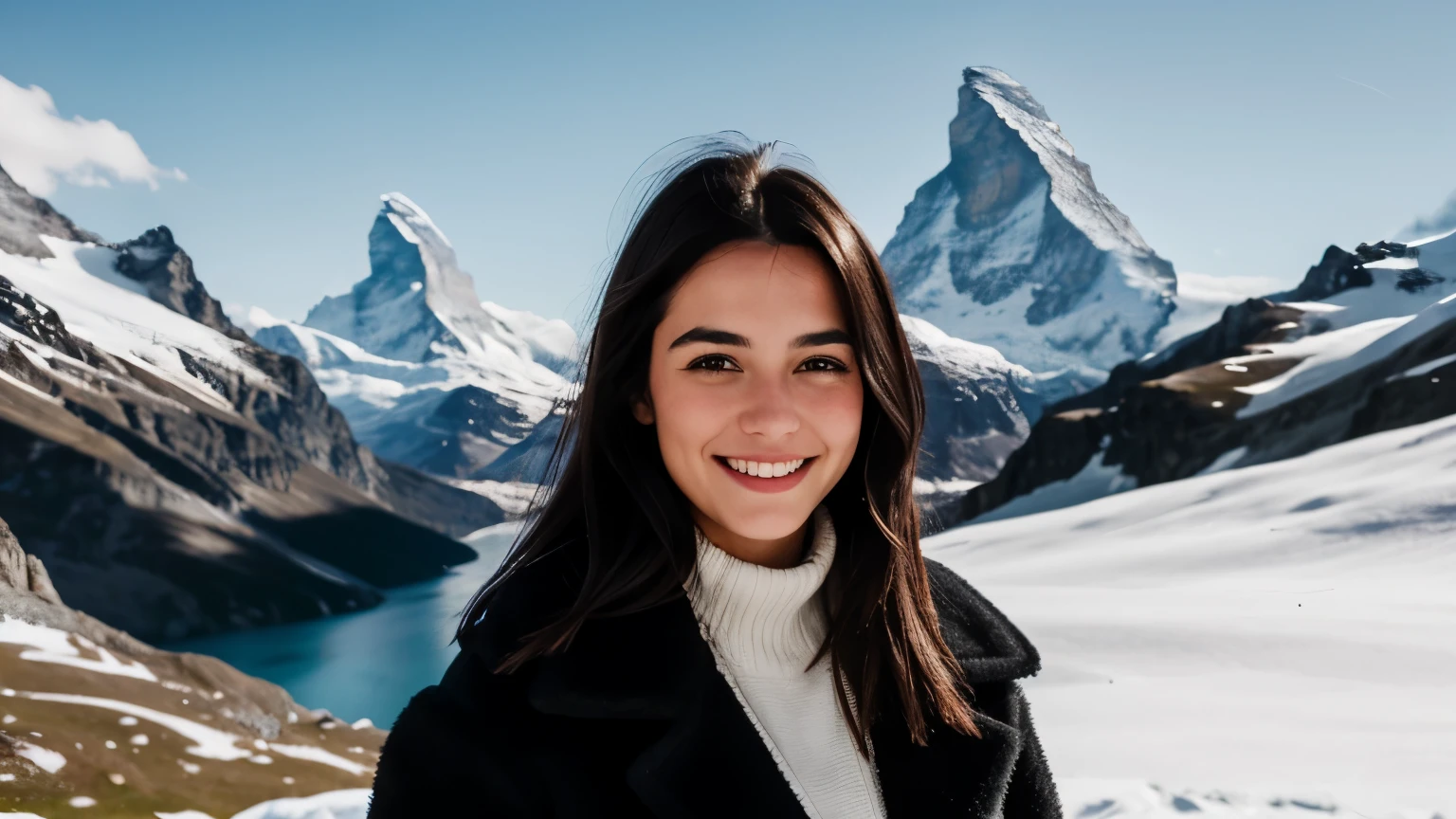 Instagram pictures, a french girl, Shoulder length hair, black hair, Close-up photo, coat, The backdrop is the Matterhorn of Gornergrat, smile a little,