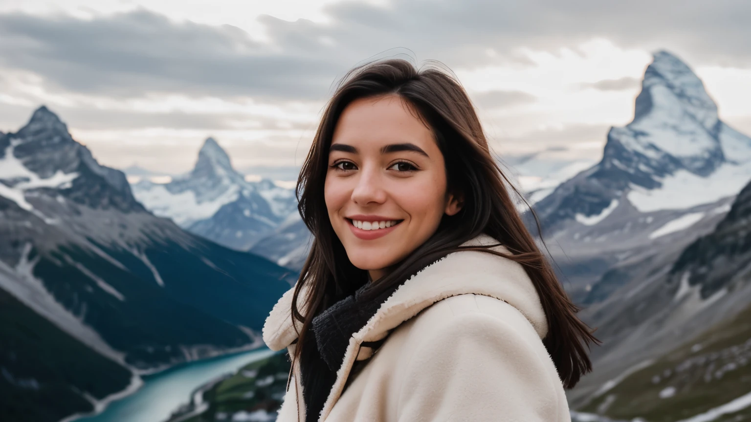 Instagram pictures, a french girl, Shoulder length hair, black hair, Close-up photo, coat, The backdrop is the Matterhorn of Gornergrat, smile a little,