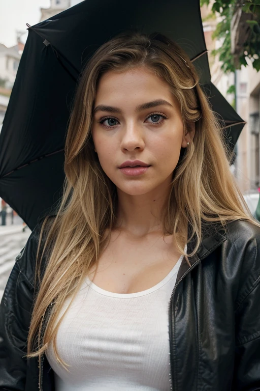 A 23-year-old blonde woman, ((pechos grandes)), ((hiperrealismo)) ,. blonde hair with light brown roots. cabello rubio, Hair with brown roots, cabello extra largo, cabello muy largo, Cabello muy largo, hermoso, vista frontal, autofoto, Foto tomada con iPhone, elegante, autofoto, alta calidad, autofoto iPhone, ojos verdes, labios carnosos, shy look, Doesn't look at the camera, no mira, jacket, umbrella, lluvia, frio, Rainy day