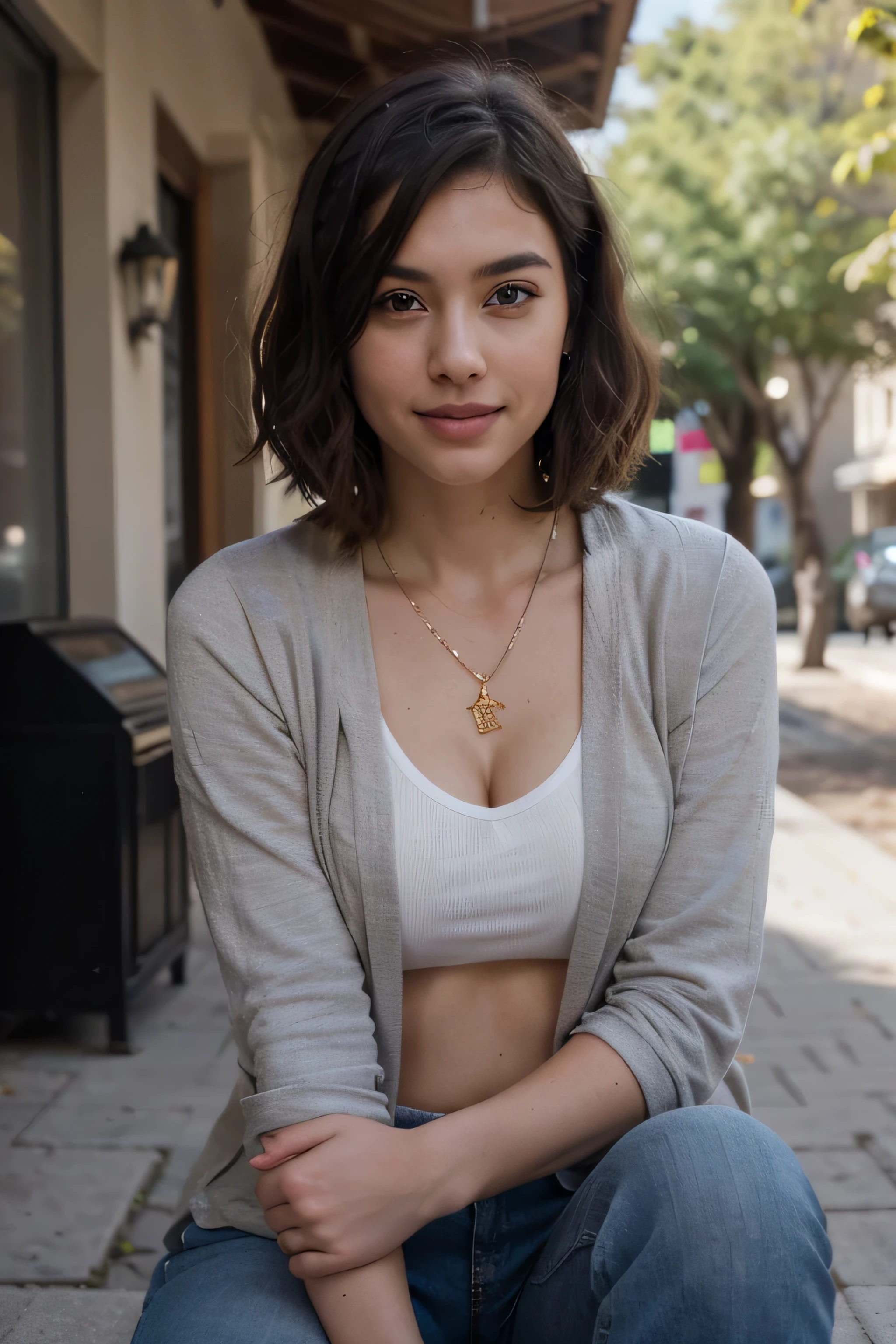 (in 8K, Raw-Photo, best quality, ​masterpiece:1.2), 1 girls , 20yo, 3/4 body, a beauty, asian,European mix, slim normal body, black layered hair color, short hair, (wavy hair), bob cuts hair,(Show your teeth and smile),good looking , looking at viewer, blazers, tucked in shirts, ripped skinny jeans, office outfit, professional look, (beads necklace:1.2), ((The highest quality, 16 k, masterpiece: 1.3)), Biologically Correct Human, reference, detailed faces, detailed lips, detailed eyes, glittering eyes, realistic pupils, brown pupils, outdoor, siting, elegance, at the coffee shop, light on the face, golden hours, ambience light, backlight, summer, people in the background watching, cinematic look, deep depths of field, blurry background