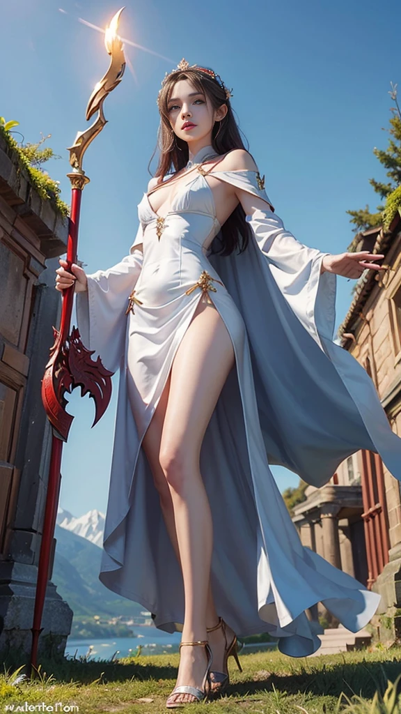 ((Show full body from head to toe, Standing perfectly, standing pose, Body facing to the viewer (Show front body, show center body)). Balance focused camera view, Centered camera view, middle camera view, vertical scape camera. Masterpiece, illustration:1.1, best quality, fine detail, perfect detail, 8K, Ultra HD, Ultra-clear portrait, big resolution, perfect lighting, bright lighting, perfect shadow, top quality, sharp focus. Fantasy, medieval, military. A Beautiful woman wearing military uniform with skirt, show stockings, show heels. Big breast:1.7, round breast, tall body, fit body, Leg length, slender body, pale skin, bright skin, glowing skin, glowing face, bright face. blush cheeks, glossy lips, Smirking, smiling, looking at the camera. The background is outside a castle. clear sky, sunlight, daylight.