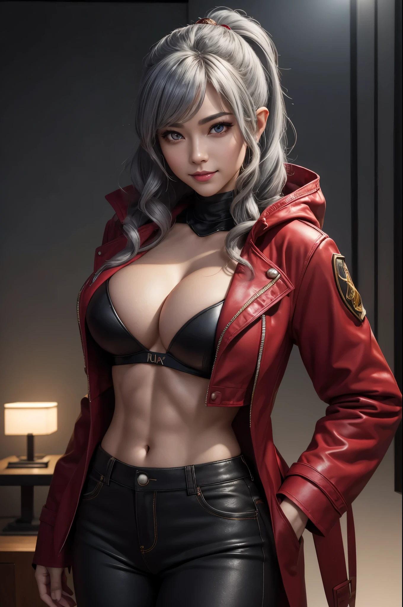 8K,大きな牙を持つgray hair perm hair,Close-up of a queen with very large breasts in a red jacket(Super realisticな肌), Super beautiful(like the real thing),elf ears,2. 5d CGI fantasy artwork,portrait of queen of the underworld, Highly detailed ArtGerm, types of bacteria ; 3Dunreal engine, devil empress, wallop loss draw, up to the model | types of bacteria, Alexandra Fomina Artstation, beautiful succubus surreal Precise details unreal engine,big fangs from the mouth,ultra high resolution,Super realistic,luxurious black and gold pants,sexyな衣装,Precise demon emblem work,Muscular and slim body macho,Muscular slim leg macho,gray hair perm hair,rich colors, Backlight, cinematic lighting, film grain, born, 50mm lens, Nikon D850,ultra high resolution,Super realistic,Makeup,sexy,smile,smileから大きな牙が見える,激しくstrongly cracked abdominal muscles,golden eyes,Big eyes,very big breasts,whole body muscular,wear a luxurious red jacket,Super is the moon9strongly cracked abdominal muscles,dark purple eyeshadow,