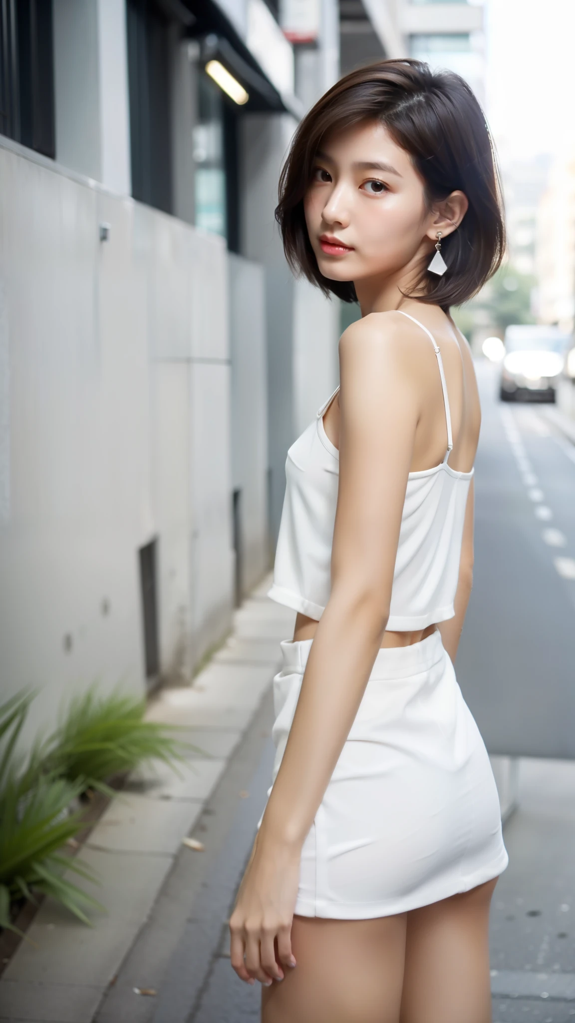 Ultra-clear resolution，Wonderful young girl，short hair，earrings，clear eyes，Without makeup，lip gloss，perfect face，Perfect chest，slender legs，Loose top，Tight miniskirt，pointed toe high heels，empty streets