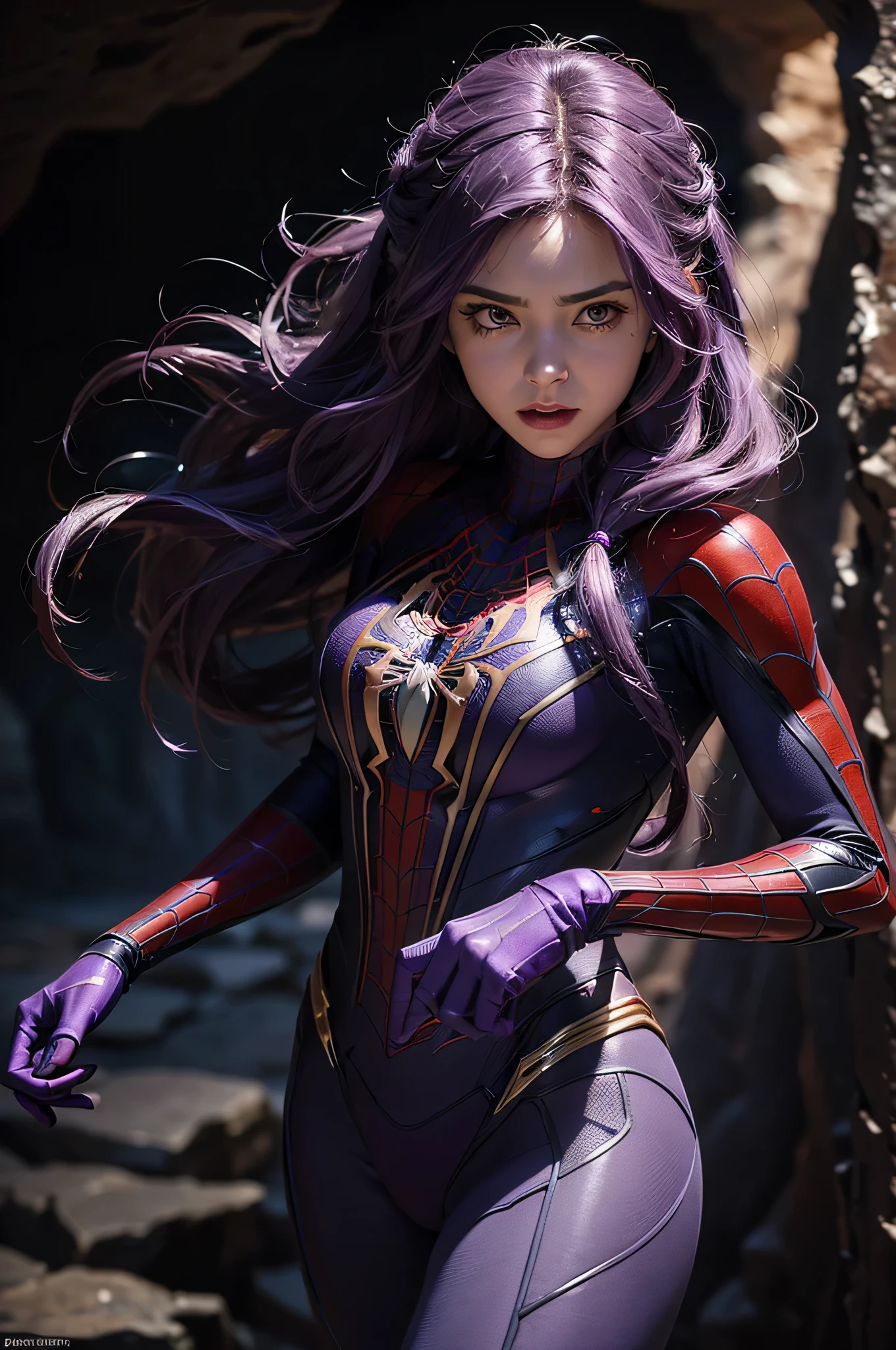 (Extreme Detail CG Unity 8K wallpaper, masterpiece, highest quality), (Exquisite lighting and shadow, highly dramatic picture, Cinematic lens effect), a beautiful girl in a purple Spider-Man costume, purple lingerie, purple curly hair color, long hair, braiding hair, beautiful purple eye, evil face, pursed lips, Fire burns in the palm of yher hand, from the Spider-Man parallel universe, Wenger, Marvel, Spider-Man, on the cave, very beautiful face, dynamic pose), (excellent detail, excellent lighting, wide angle), (excellent rendego on cave, enough to stand out in cave, clasocus on purple Spider-Man costumes, complex spider textures