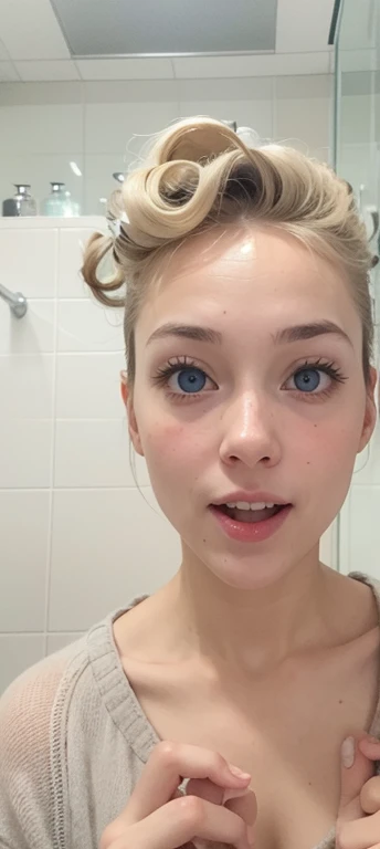 Girl in the bathroom, looks in surprise in the mirror, Mouth open in surprise, inhale, smile, a pleasant surprise. Large curlers on the head. Blue eyes, blonde hair. The face looks like the original. High quality, masterpiece
