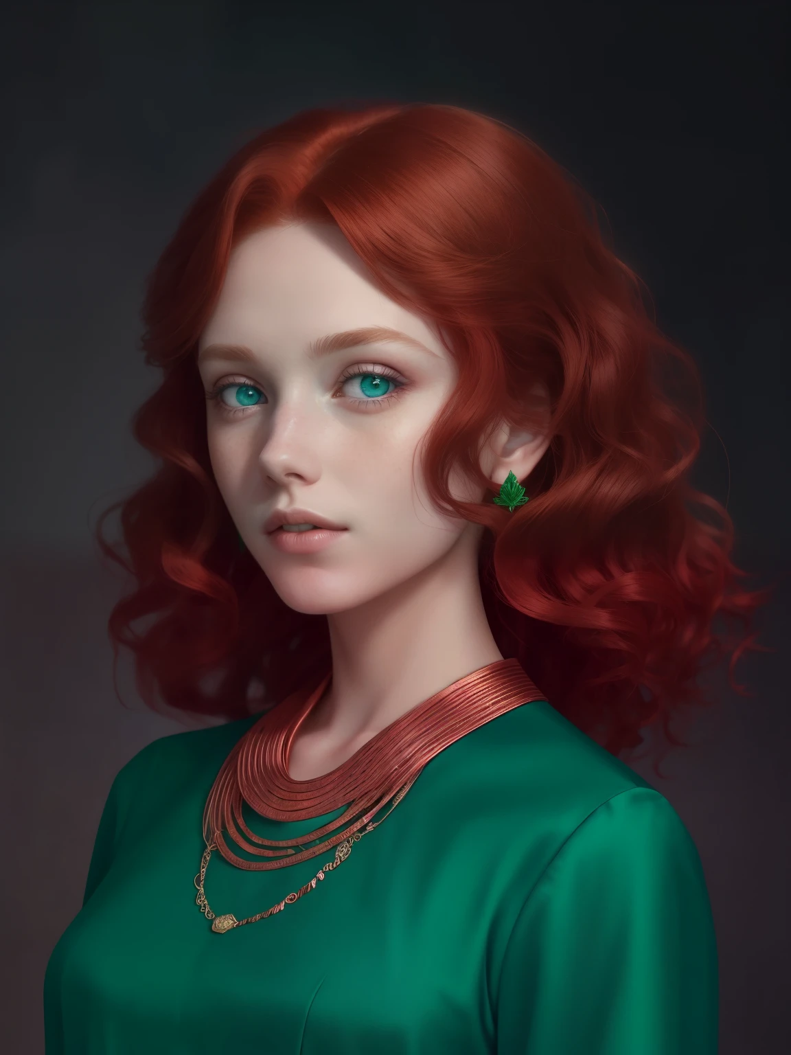 girl with long copper-red hair, (20 years), large curls, long hair, Blue eyes, in a green dress, looks directly at the viewer, portrait, masterpiece, Highest quality,As realistic as possible