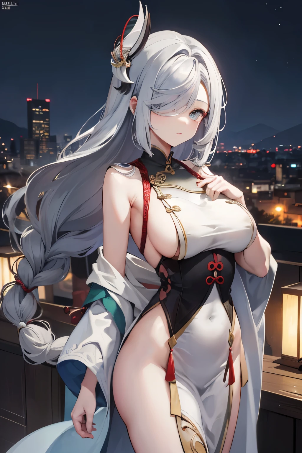 ShenheV4, (Shenhe wearing bathrobe), solo, (mature), beautiful face, (detailed eyes), symmetric eyes, glossy lips, (long hair, grey hair, braid, hair over one eye, hair ornament), (beautiful round breasts), plunging neckline, voluptuous body, slim waist, (masterpiece, best qualty), dim lighting, standing, front view, vivid colors, night sky, city lights background, looking at the viewer, HD, 8K, vivid colors, intricate, ultra-detailed, bokeh (absurdres:1.2), bokeh, ((detailed face))